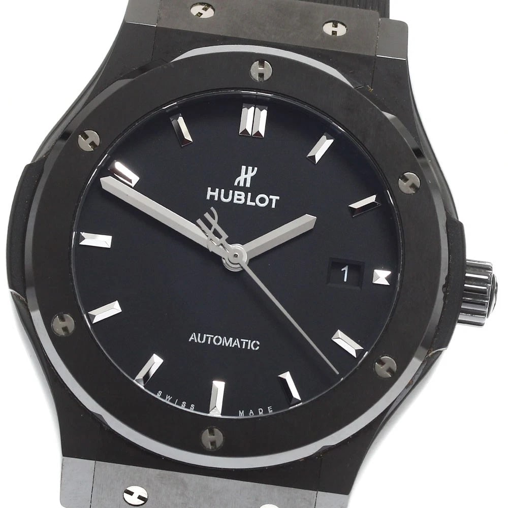 HUBLOT CLASSIC FUSION BLACK AUTOMATIC WATCH: HUBLOT Classic Fusion Black Automatic Watch Brand: HUBLOT Type/Style: Wristwatch Material: Band Material rubber, Case Material ceramic Color: Band Color black, Dial Color black, Case Color black