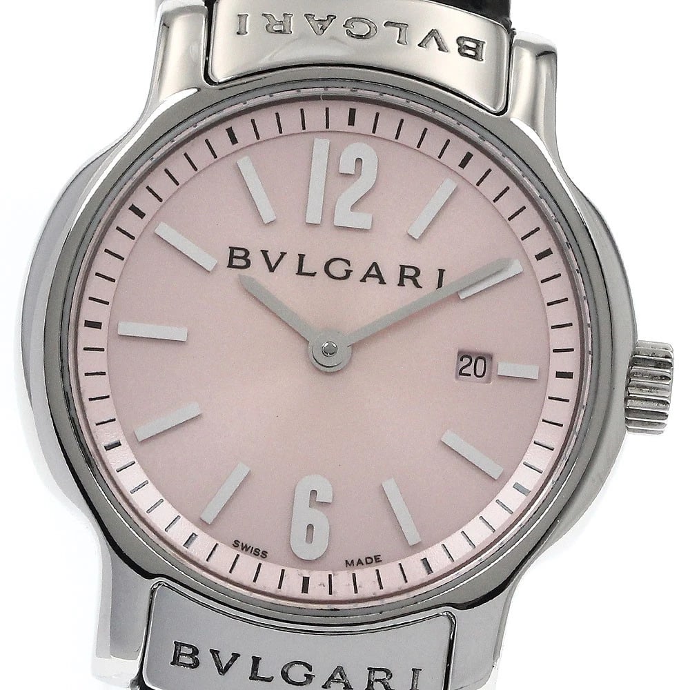 BVLGARI SOLO DATE PINK QUARTZ WATCH: BVLGARI Solo Date pink Quartz Watch Brand: BVLGARI Type/Style: Wristwatch Material: Band Material leather, Case Material Stainless Steel Color: Band Color black, Dial Color pink, Case Color Silver