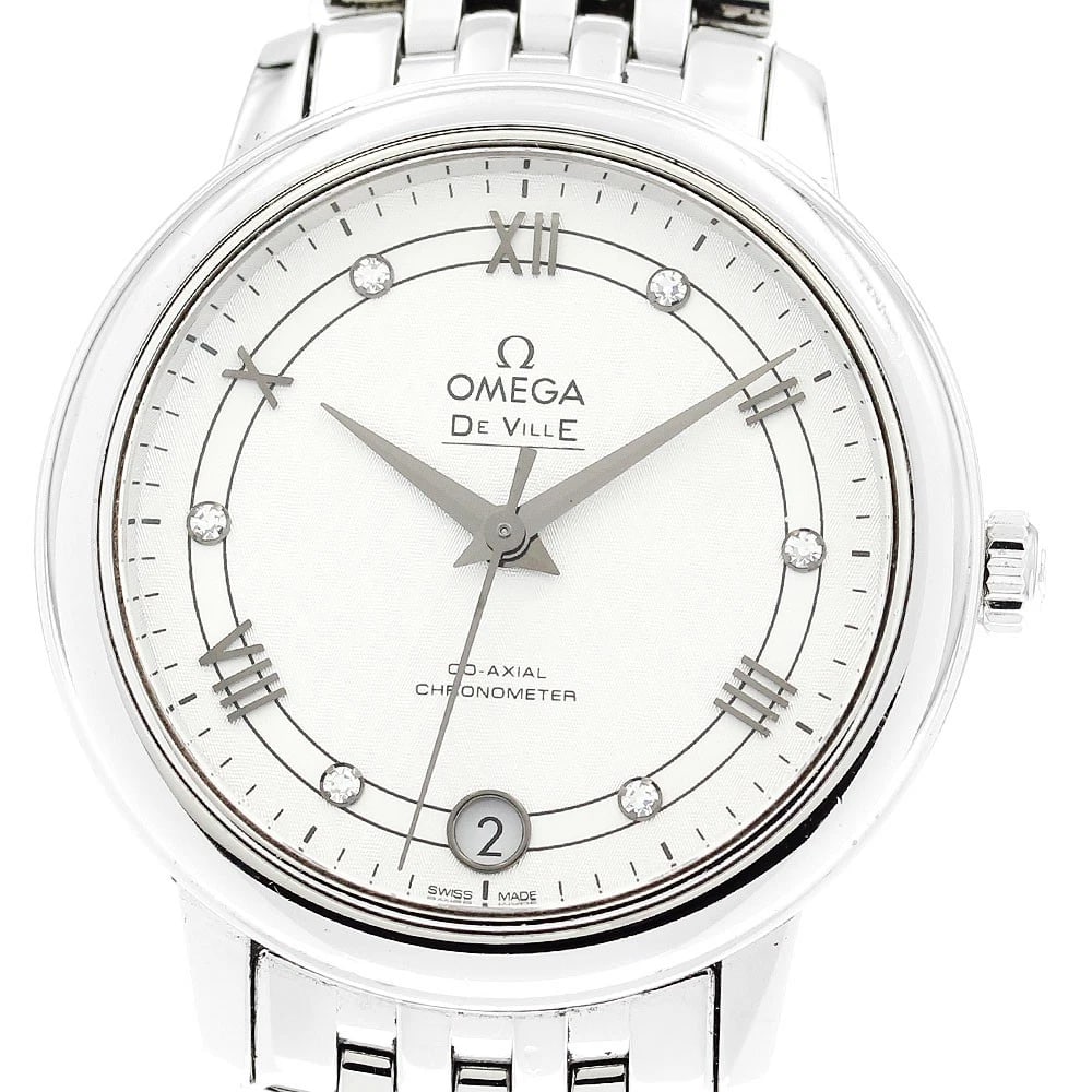 OMEGA DE VILLE PRESTIGE DIAMOND QUARTZ WATCH: OMEGA De Ville Prestige diamond Quartz Watch Brand: OMEGA Type/Style: Wristwatch Material: Band Material Stainless Steel, Case Material Stainless Steel Color: Band Color Silver, Dial Color Silver,