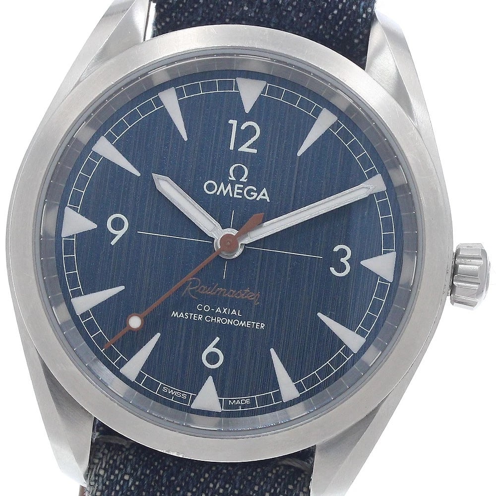 OMEGA SEAMASTER RAILMASTER COAXIAL AUTOMATIC WATCH: OMEGA Seamaster Railmaster Coaxial Automatic Watch Brand: OMEGA Type/Style: Wristwatch Material: Band Material leather/denim, Case Material Stainless Steel Color: Band Color Blue / Brown, Dial Color