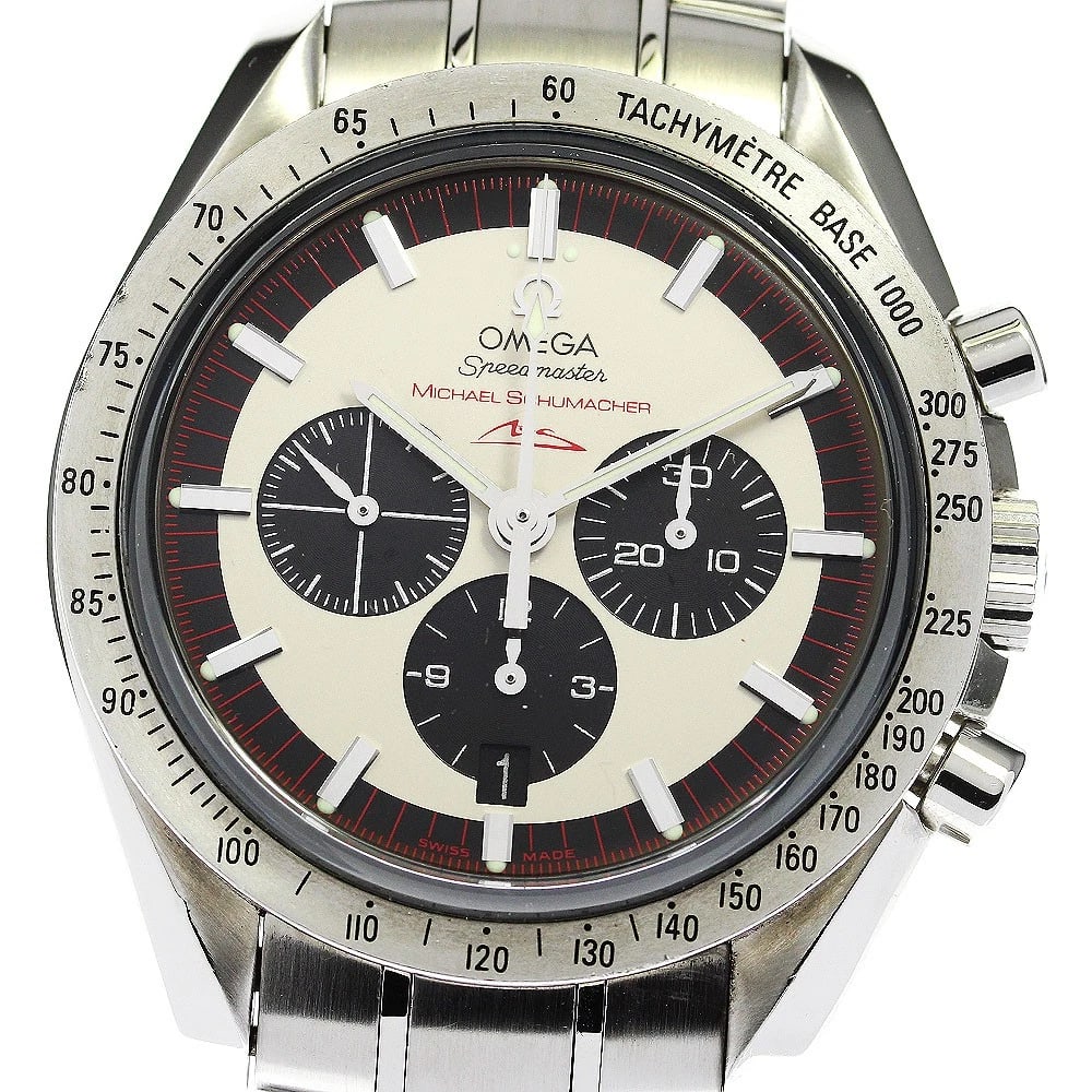 OMEGA SPEEDMASTER SCHUMACHER WATCH: OMEGA Speedmaster Schumacher Watch Brand: OMEGA Type/Style: Wristwatch Material: Band Material Stainless Steel, Case Material Stainless Steel Color: Band Color Silver, Dial Color Beige / black, Case
