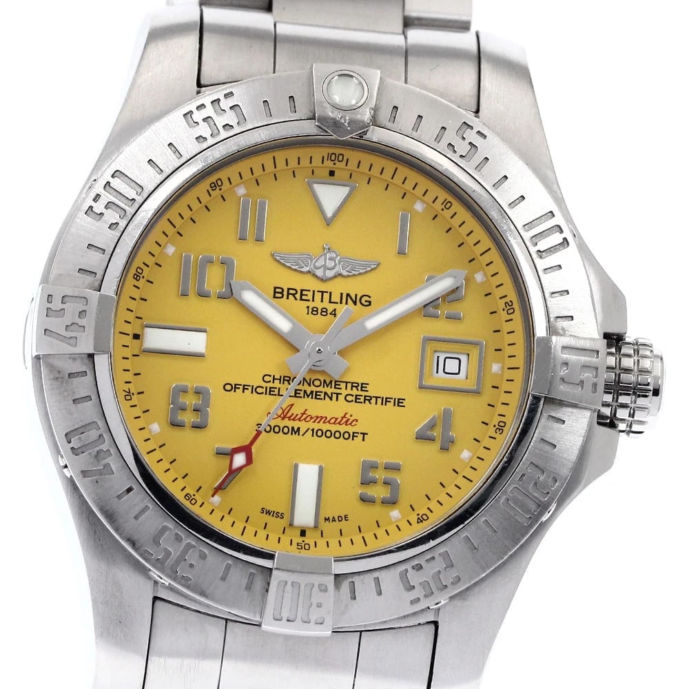 BREITLING AVENGER SEAWOLF DATE YELLOW AUTOMATIC WATCH: BREITLING Avenger Seawolf Date yellow Automatic Watch Brand: BREITLING Type/Style: Wristwatch Material: Band Material Stainless Steel, Case Material Stainless Steel Color: Band Color Silver, Dial