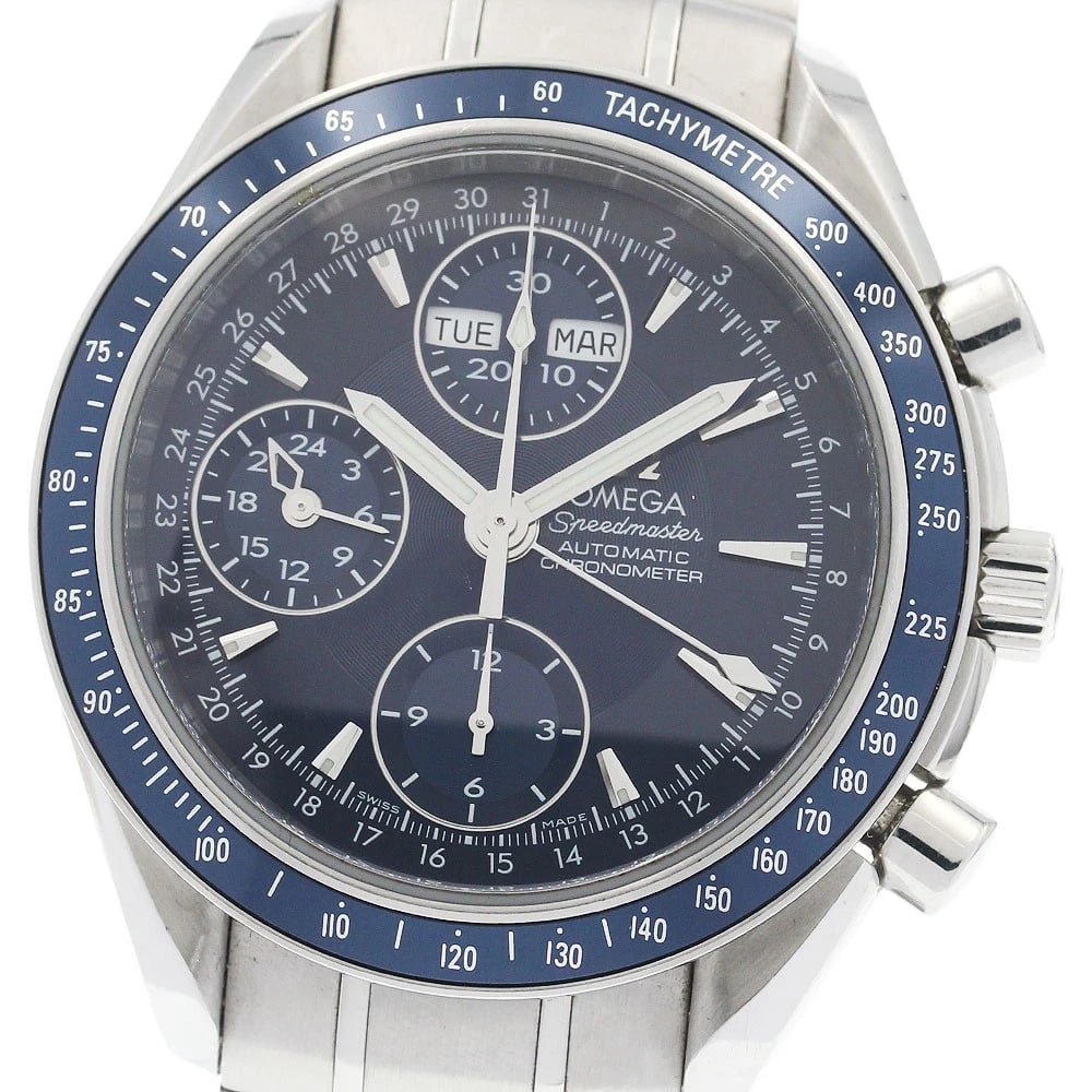 OMEGA SPEEDMASTER AUTOMATIC WATCH: OMEGA Speedmaster Automatic Watch Brand: OMEGA Type/Style: Wristwatch Material: Band Material Stainless Steel, Case Material Stainless Steel Color: Band Color Silver, Dial Color Navy, Case Color