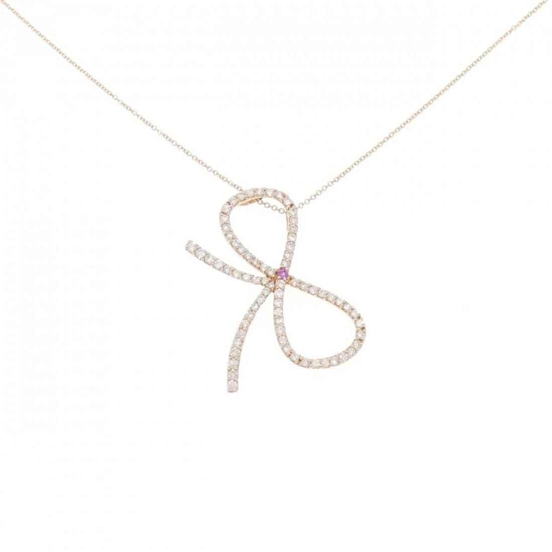 K18PG RIBBON SAPPHIRE NECKLACE: K18PG Ribbon Sapphire Necklace Brand: Unbranded Type/Style: Sapphire Necklace Material: 18k Pink Gold, Main Stone/Creation Sapphire Secondary Stone Diamond Color: Pink Gold Size: Actual Size Pendant
