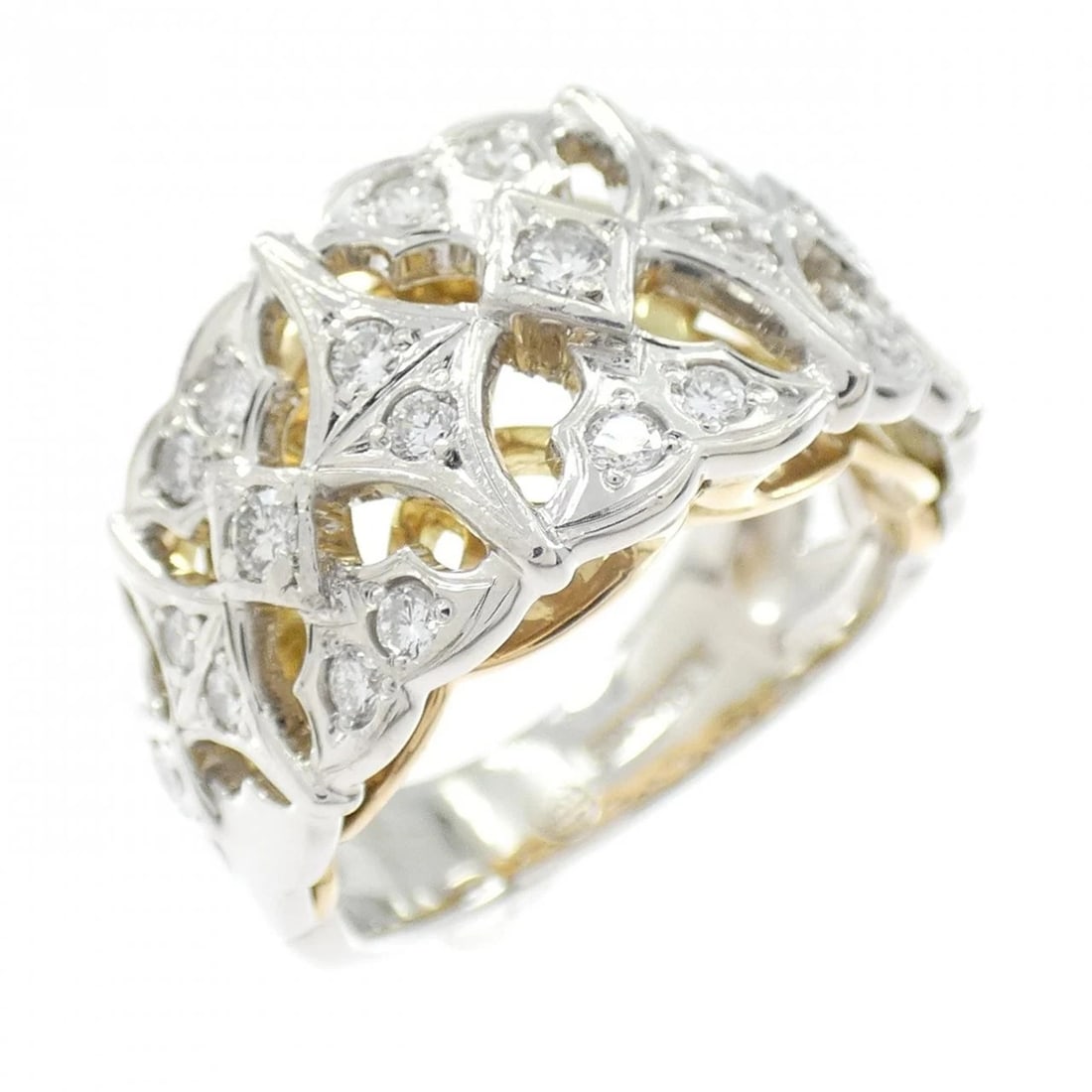 PT900/K18YG DIAMOND RING: PT900/K18YG Diamond Ring Brand: Unbranded Type/Style: Diamond Ring Material: PT900/K18YG, Main Stone/Creation Natural Color: Silver Size: US 4 1/2 Accessories: None Accessories Notice: When