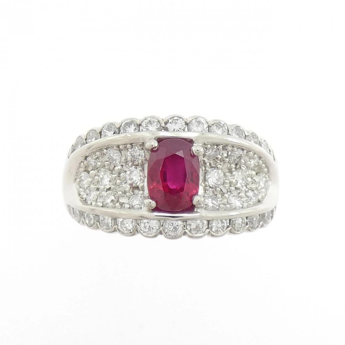 PT900 RUBY RING: PT900 Ruby Ring Brand: Unbranded Type/Style: Ruby Ring Material: PT900, Main Stone/Creation Ruby Secondary Stone Diamond Color: Silver Size: US 7 1/4 Accessories: None Accessories Notice: