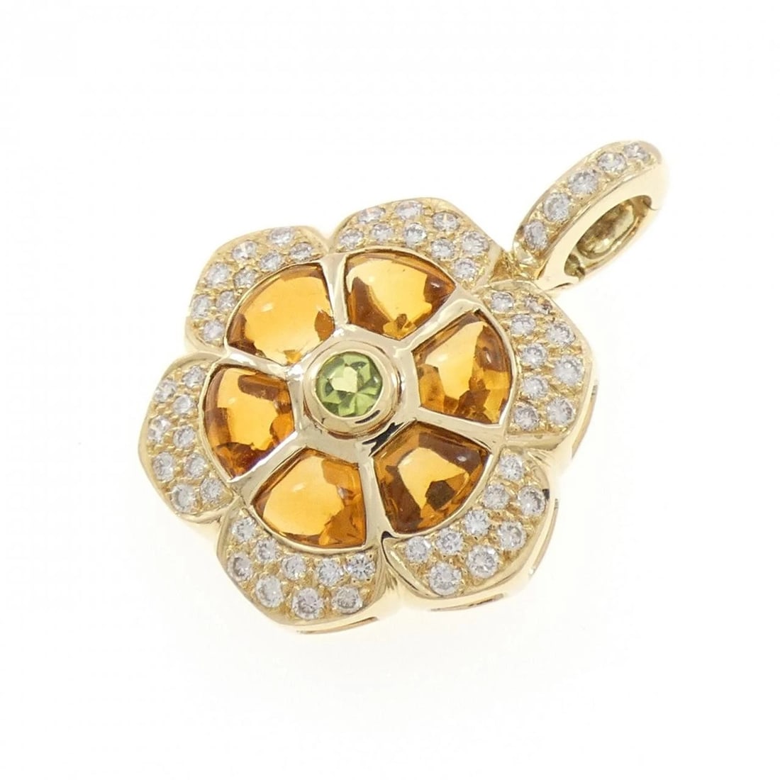 K18YG FLOWER COLOR STONE PENDANT: K18YG Flower Color Stone Pendant Brand: Unbranded Type/Style: Peridot Pendant/Brooch Material: K18YG, Main Stone/Creation Peridot Color: YELLOW GOLD Size: Actual Size Approx. length x width: 30.1mm x