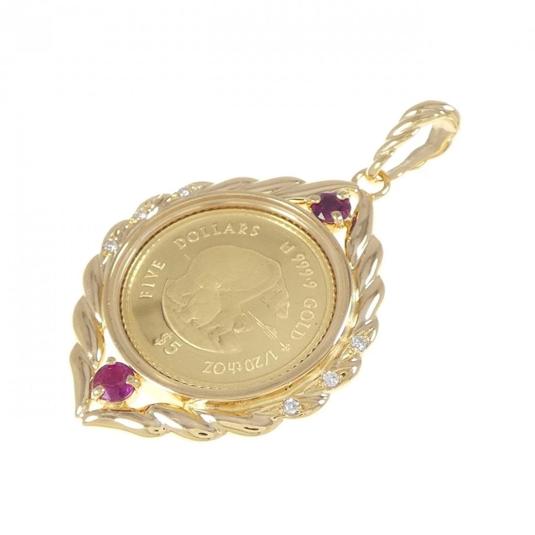 K18YG (FRAME) RUBY COIN PENDANT: K18YG (frame) Ruby Coin Pendant Brand: Unbranded Type/Style: Ruby Coin Material: 18KYG, Main Stone/Creation Ruby Secondary Stone Diamond Color: Yellow gold Size: Actual Size Approx. length x width:
