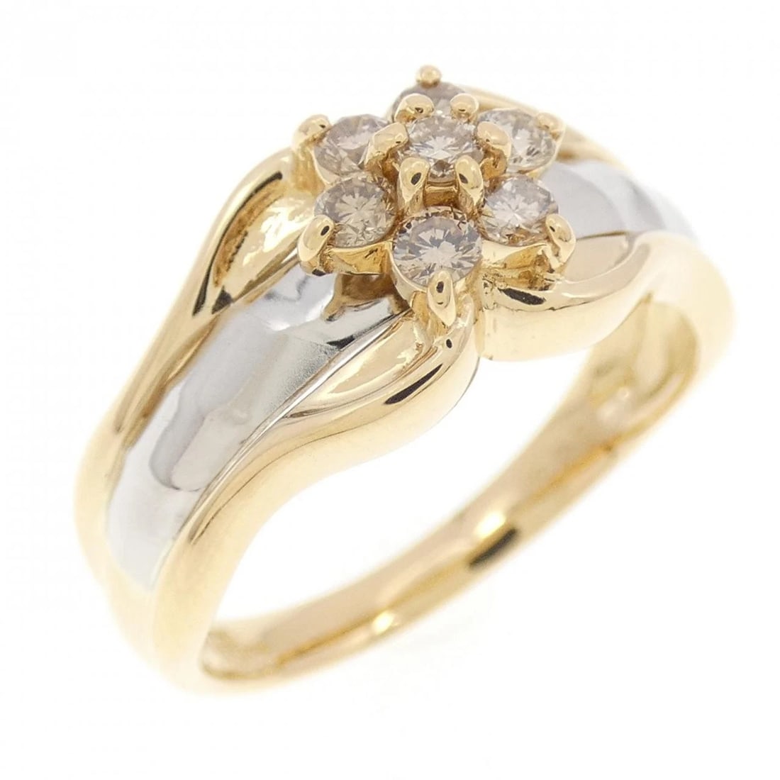 K18YG/PT900 FLOWER DIAMOND RING: K18YG/PT900 Flower Diamond Ring Brand: Unbranded Type/Style: Diamond Ring Material: K18YG/PT900, Main Stone/Creation Natural Color: Yg,Silver Size: US 6 1/2 Accessories: None Accessories Notice: When