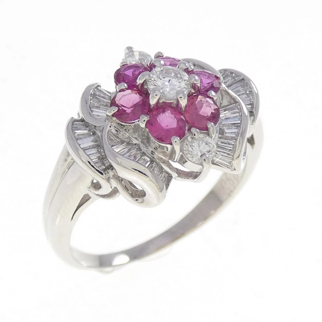 PT900 RUBY RING: PT900 Ruby Ring Brand: Unbranded Type/Style: Ruby Ring Material: Platinum900, Main Stone/Creation RubySecondary Stone Diamond Color: Platinum Size: US 7 1/4 Accessories: None Accessories Notice: When