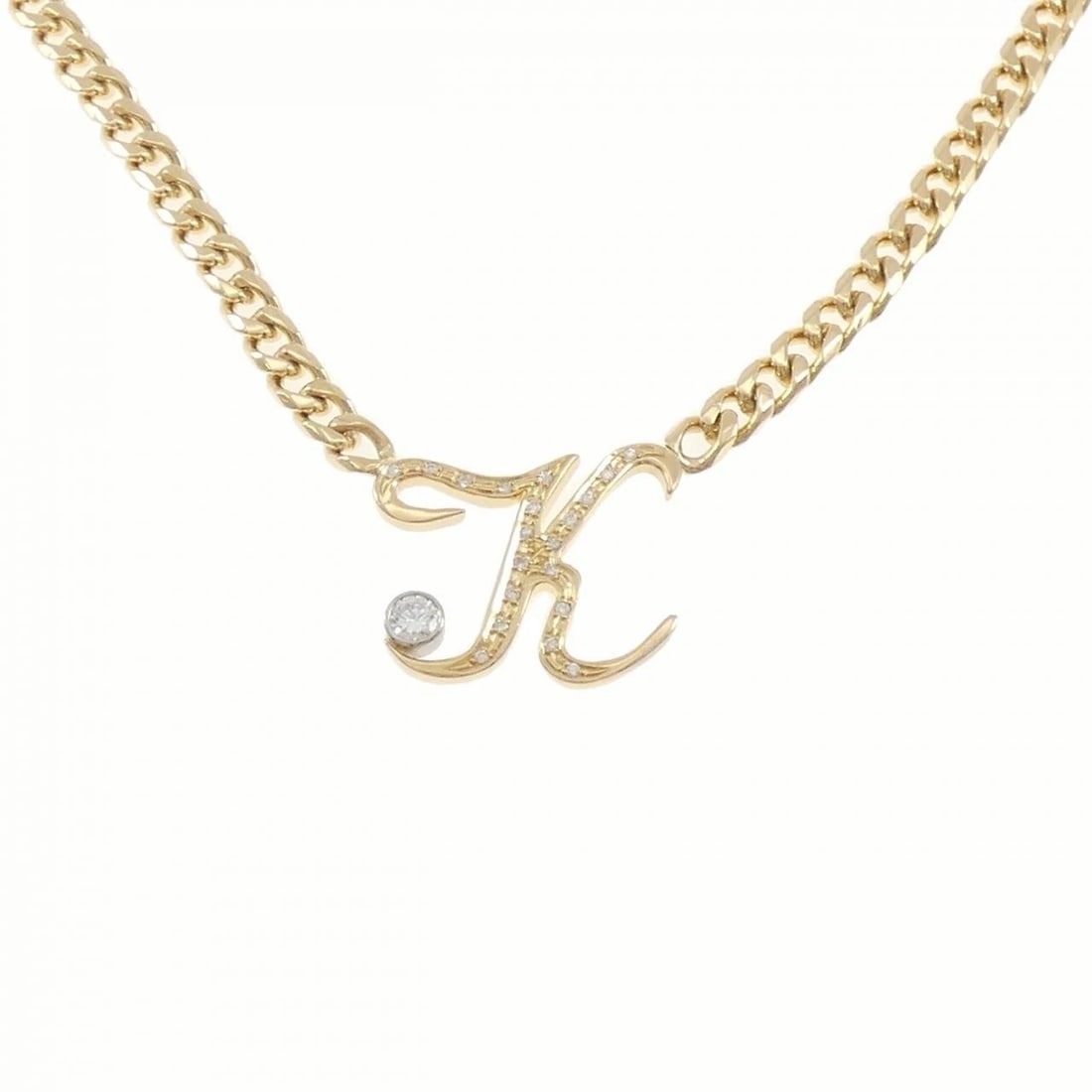 K18YG/PT900 INITIAL K DIAMOND NECKLACE: K18YG/PT900 Initial K Diamond Necklace Brand: Unbranded Type/Style: Diamond Necklace Material: K18YG/PT900, Main Stone/Creation NATURAL Color: YG,Silver Size: 49CM Actual Size Pendant length approx.