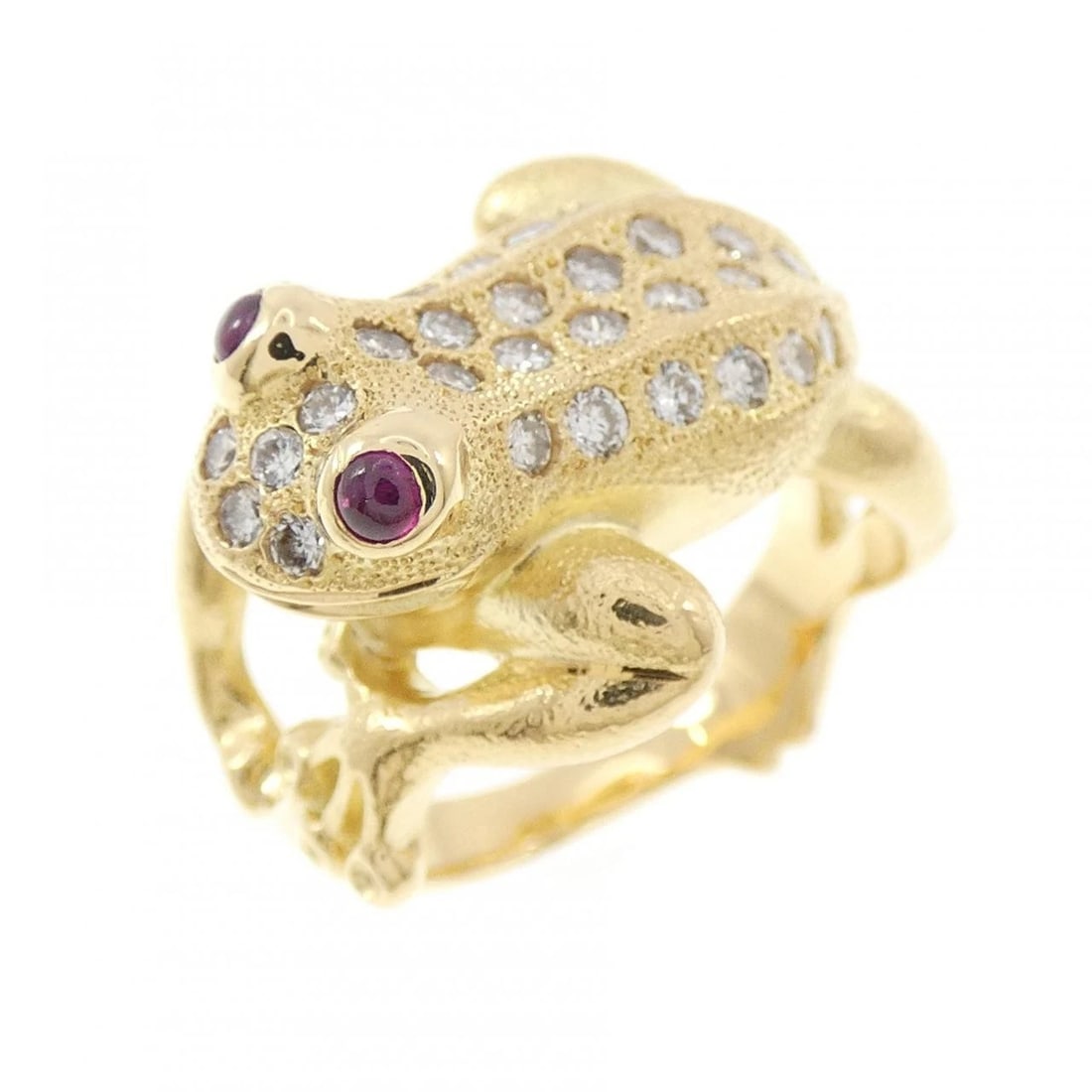 K18YG FROG RUBY RING: K18YG Frog Ruby Ring Brand: Unbranded Type/Style: Ruby Ring Material: K18YG, Main Stone/Creation Ruby Secondary Stone Diamond Color: Yellow gold Size: US 5 1/4 Accessories: None Accessories Notice: