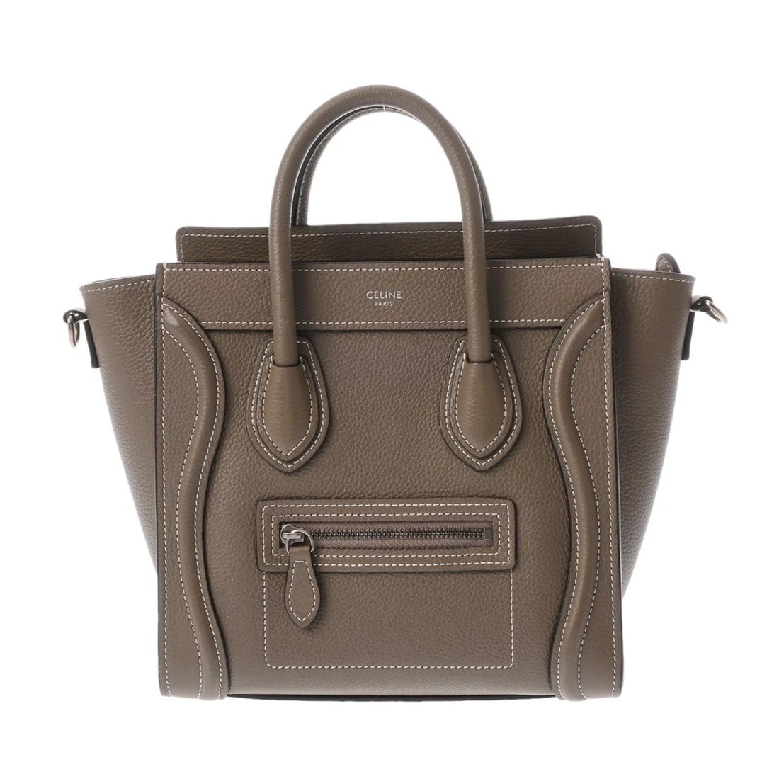 CELINE LUGGAGE NANO DRUMMED CALF SURI HANDBAG: CELINE Luggage nano Drummed calf Suri Handbag Brand: CELINE Type/Style: Handbag Material: Drummed calf Color: Suri ? SilverMetal Size: H:about 8.5inch W:about 7.9inch D:about 3.9inch Accessories: