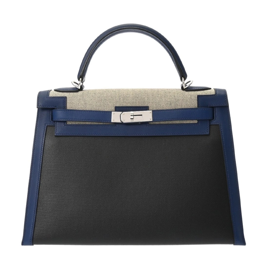 HERMES KELLY 32 VAUX SWIFT BLUE/BLACK/ECRU 2WAY BAG: HERMES Kelly 32 Vaux Swift Blue/Black/Ecru 2WAY bag Brand: HERMES Type/Style: 2WAY bag Material: Vaux Swift/Toile H Berlinne / Toile H Color: Blue/Black/Ecru ? SilverMetal Size: H:about 9.1inch