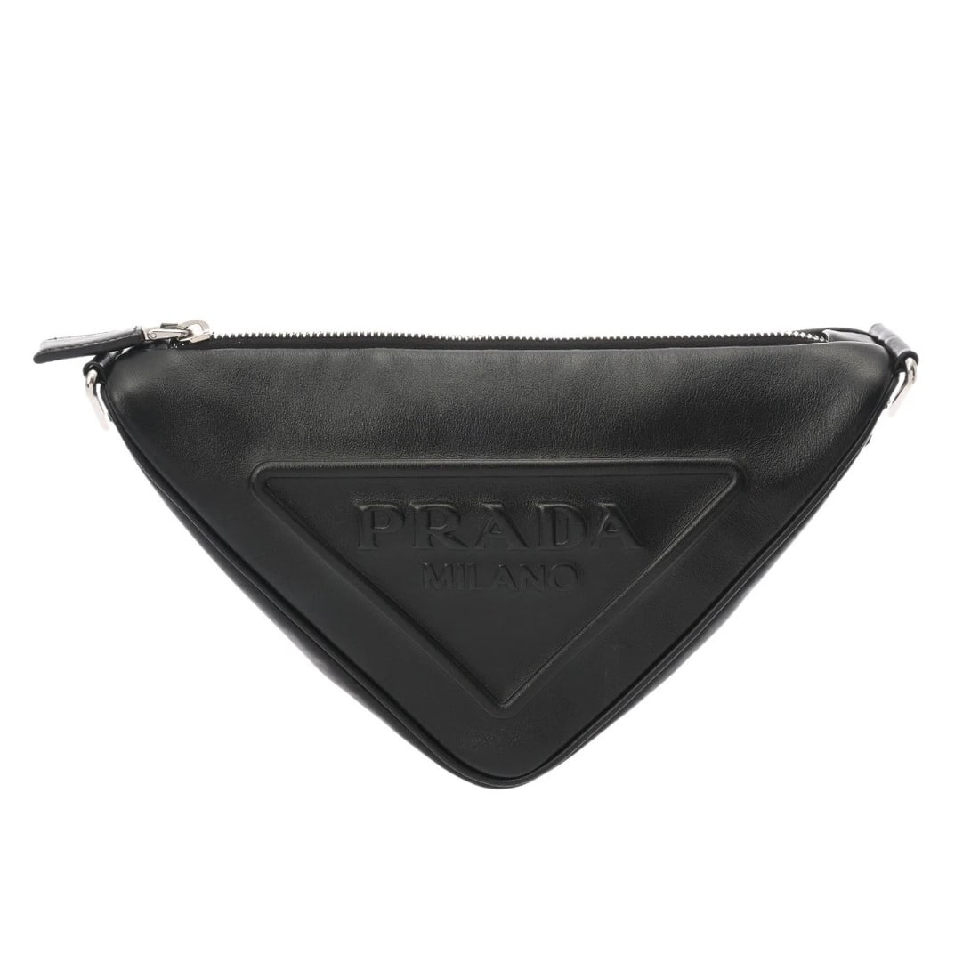 PRADA TRIANGLE LEATHER BLACK UNISEX SHOULDER BAG: PRADA Triangle leather black unisex Shoulder Bag Brand: PRADA Type/Style: Shoulder Bag Material: leather Color: black ? SilverMetal Size: H:about 5.9inch W:about 10.2inch maximum D:about 4.3inch
