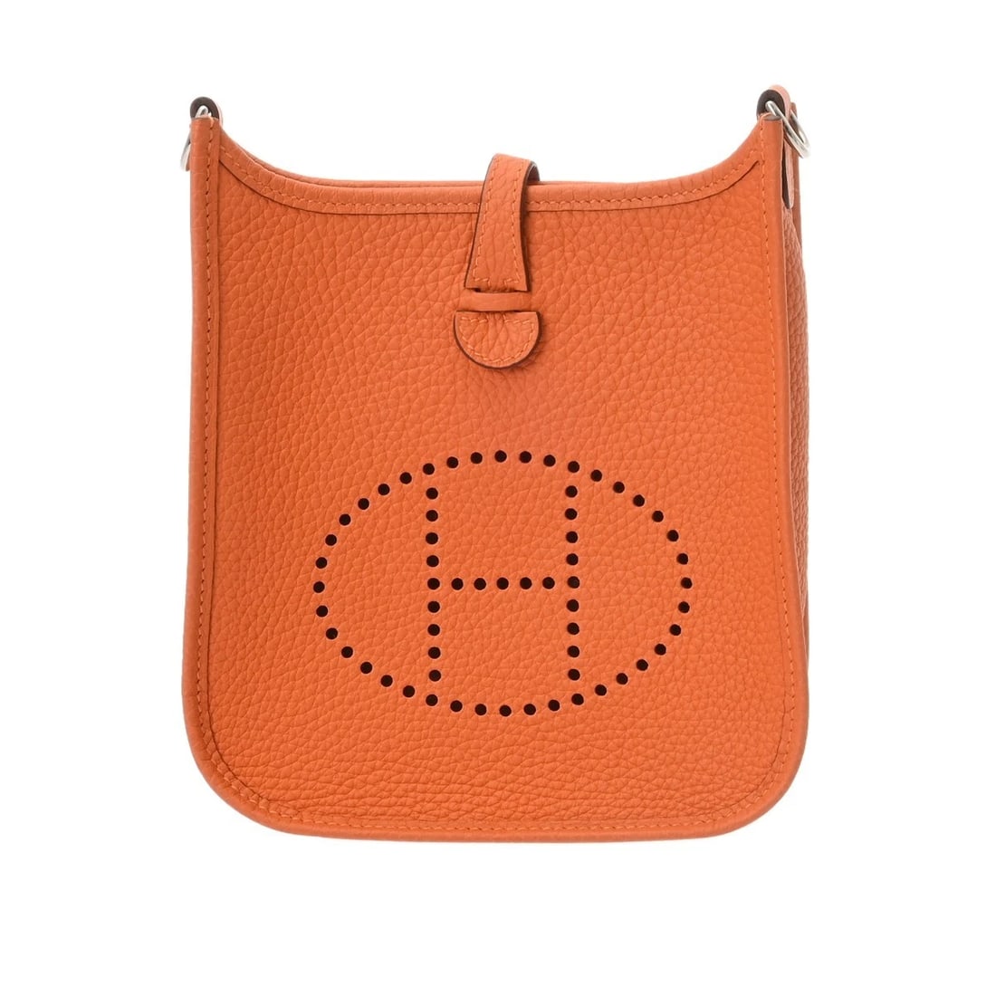 HERMES EVELYN TPM TAURILLON CLEMENCE SHOULDER BAG: HERMES Evelyn TPM Taurillon Clemence Shoulder Bag Brand: HERMES Type/Style: Shoulder Bag Material: Taurillon Clemence Color: Orange ? SilverMetal Size: H:about 7.1inch (Center) W:about 6.9inch D:about