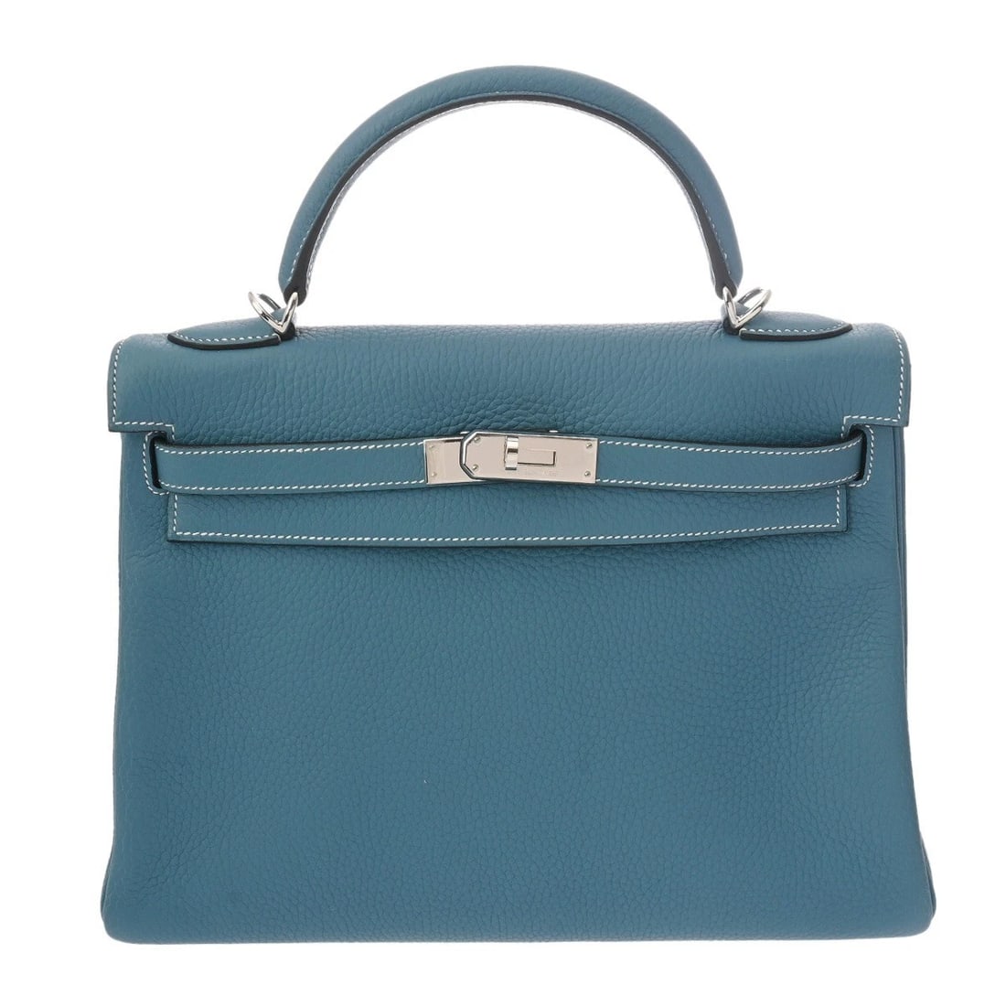 HERMES KELLY 32 INNER STITCH TAURILLON CLEMENCE HANDBAG: HERMES Kelly 32 inner stitch Taurillon Clemence Handbag Brand: HERMES Type/Style: Handbag Material: Taurillon Clemence Color: Blue gene ? SilverMetal Size: H:about 8.5inch W:about 12.6inch (Bottom) D: