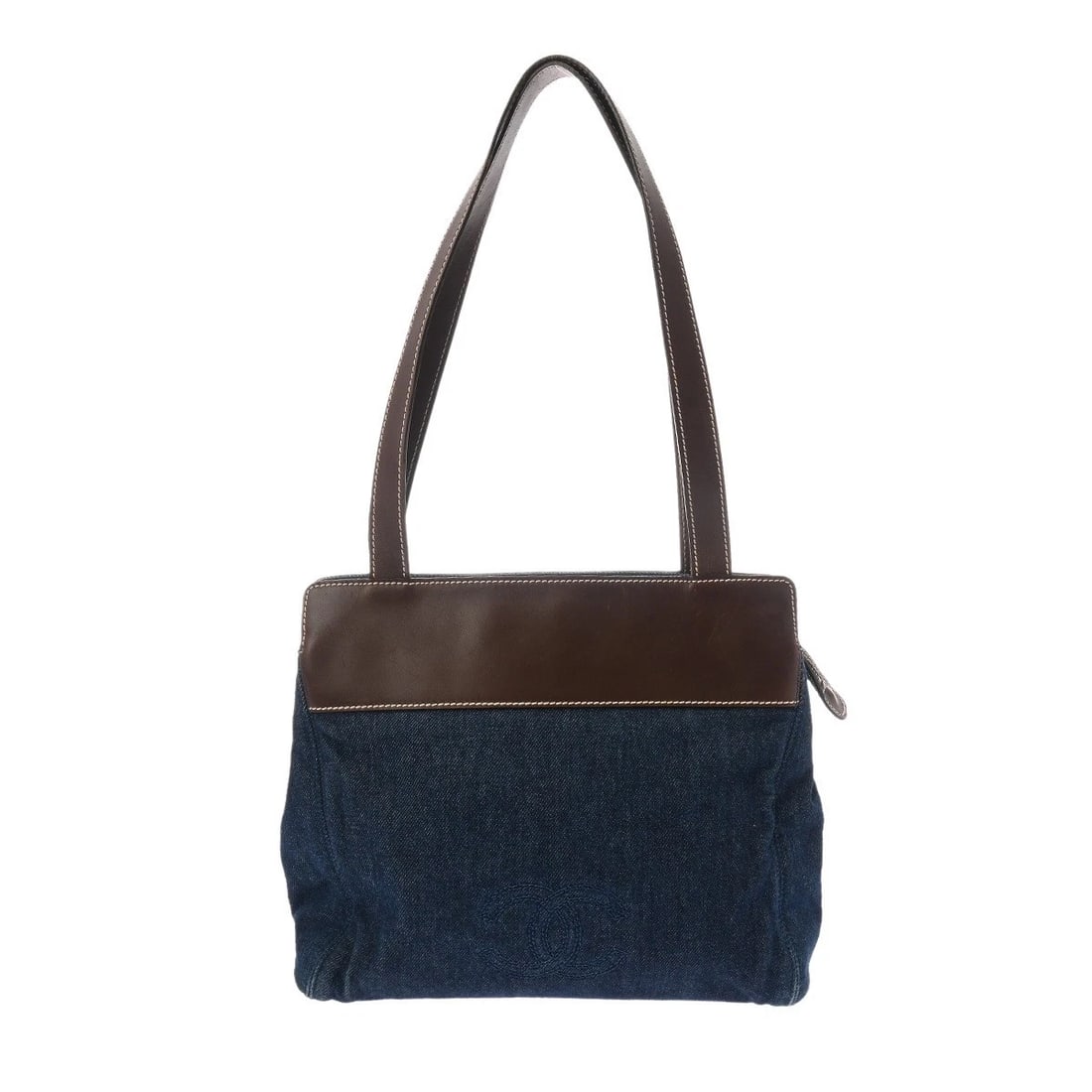 CHANEL COCO MARK DENIM BLUE / BROWN TOTE BAG: CHANEL COCO Mark denim Blue / Brown Tote Bag Brand: CHANEL Type/Style: Tote Bag Material: denim/Calfskin Color: Blue / Brown Size: H:about 11.4inch W:about 11.2inch D:about 4.5inch Accessories: No