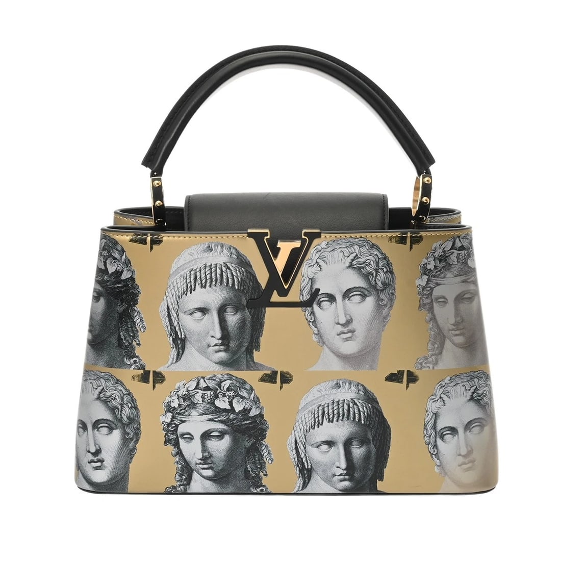 LOUIS VUITTON CAPUCINES MM AUTUMN/WINTER FORNASETTI: LOUIS VUITTON Capucines MM Autumn/Winter Fornasetti Brand: LOUIS VUITTON Type/Style: Handbag Material: leather Color: gold ? Gold Metal Size: H:about 7.7inch (maximum) W:about 12.2inch (Bottom)