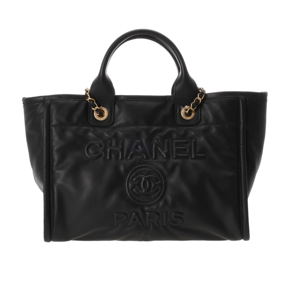 CHANEL DEAUVILLE SHOPPING BAG LAMBSKIN BLACK TOTE BAG: CHANEL Deauville Shopping Bag lambskin black Tote Bag Brand: CHANEL Type/Style: Tote Bag Material: lambskin Color: black ? Gold Metal Size: H:about 9.6inch W:about 12.8inch D:about 6.3inch