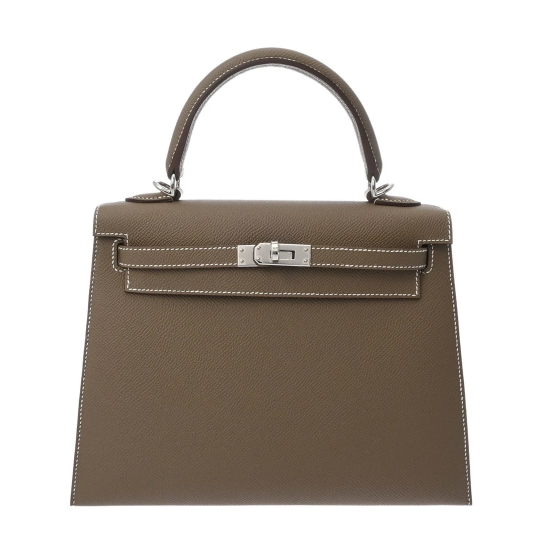 HERMES KELLY 25 OUTSIDE STITCH VEAU EPSOM ETOPE HANDBAG: HERMES Kelly 25 Outside Stitch Veau Epsom Etope Handbag Brand: HERMES Type/Style: Handbag Material: Veau Epsom Color: Etope ? SilverMetal Size: H:about 7.1inch W:about 9.8inch (Bottom) D:about 3.9inch
