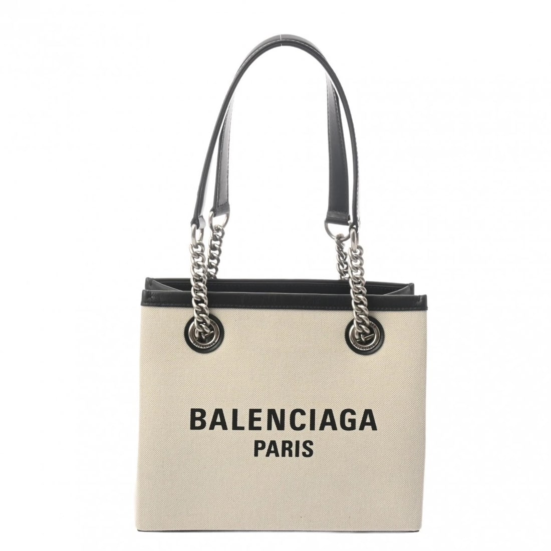 BALENCIAGA TOTE BAG WHITE / BLACK HANDBAG: BALENCIAGA Tote Bag White / black Handbag Brand: BALENCIAGA Type/Style: Handbag Material: Canvas / leather Color: White / black Size: H:about 7.5inch W:about 8.9inch (Bottom) D:about 4.3inch