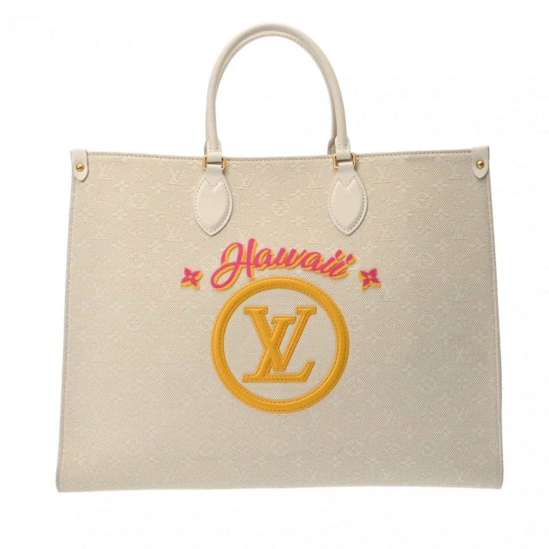 LOUIS VUITTON GM HAWAII EXCLUSIVE MONOGRAM JAGUAR: LOUIS VUITTON GM Hawaii Exclusive Monogram Jaguar Brand: LOUIS VUITTON Type/Style: Handbag Material: Jacquard canvas Color: white ? Gold Metal Size: H:about 12.4inch W:about 15.7inch D:about 6.5inch
