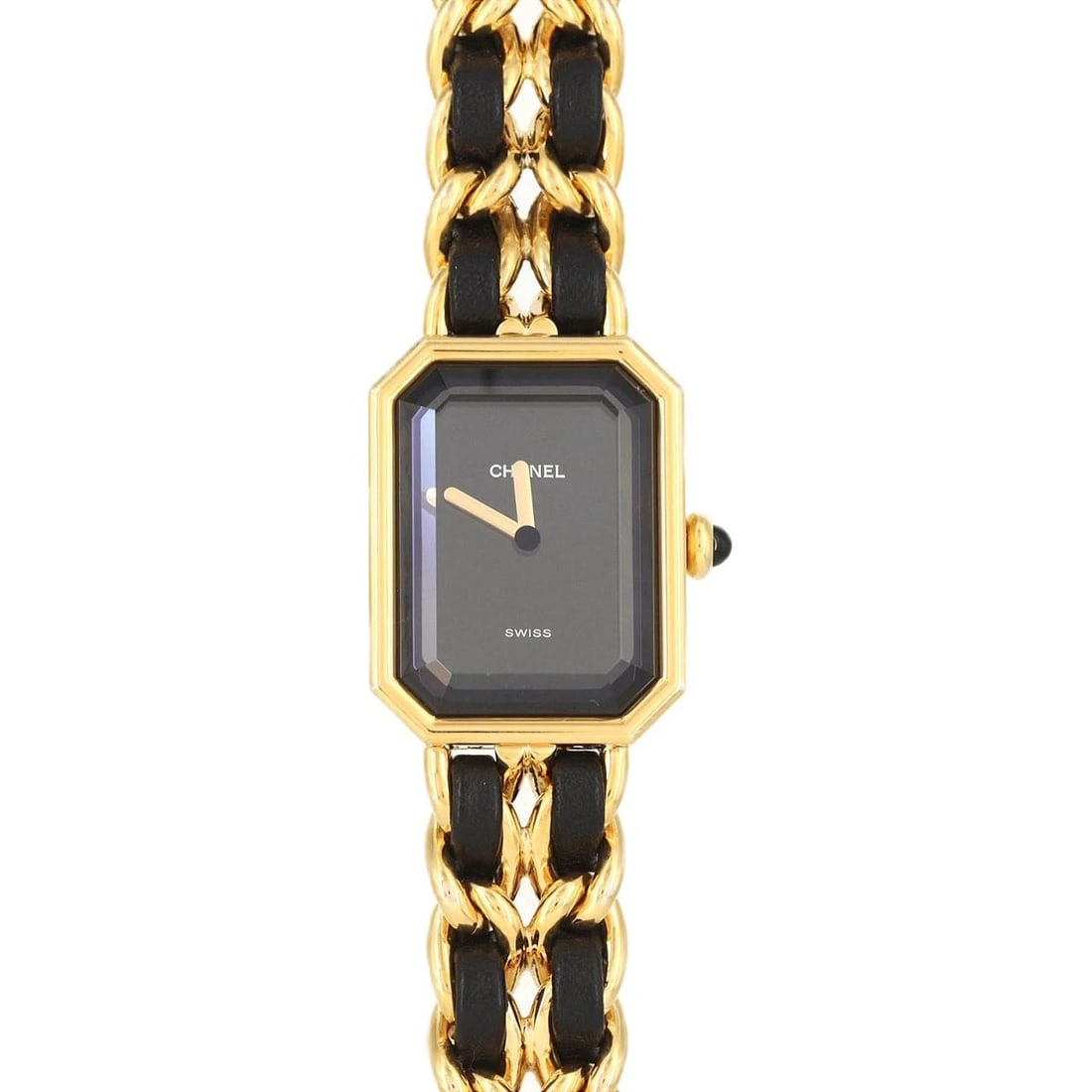 CHANEL PREMIERE GOLD PLATED QUARTZ WATCH: Chanel Premiere Gold Plated Quartz Watch Brand: CHANEL Type/Style: Wrist watch Material: Case: Gold plated Bracelet: Gold plated x Strap Color: Dial Color: Black Band Color: Black Size: Case