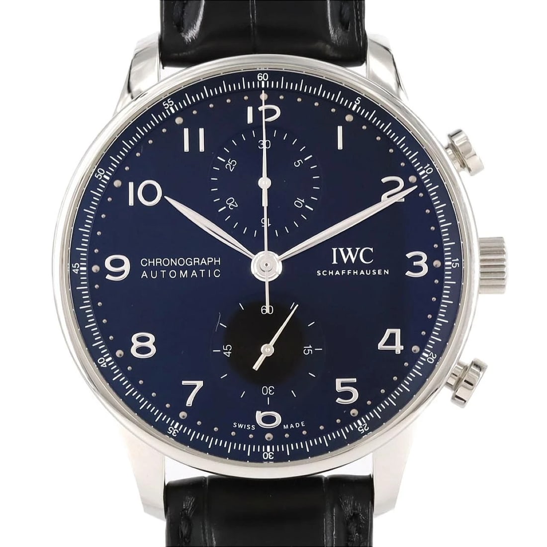 IWC PORTUGUESE CHRONOGRAPH STAINLESS STEEL MECHANICAL WATCH: IWC Portuguese Chronograph Stainless Steel Mechanical Watch Brand: IWC Type/Style: Wrist watch Material: Case: Stainless Steel Bracelet: Strap Color: Dial Color: Black/Arabic Band Color: Black Size: