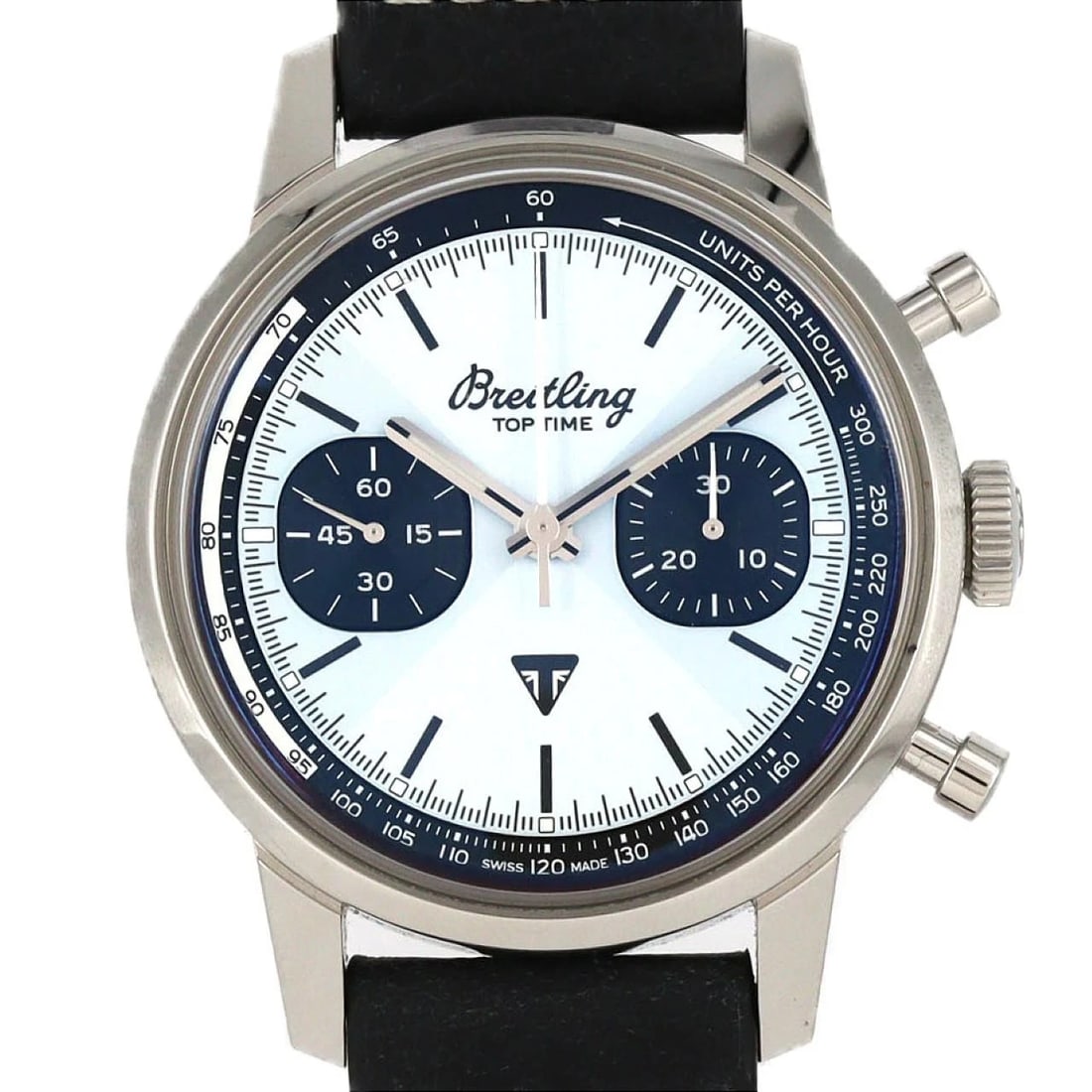 BREITLING TOP TIME TRIUMPH STAINLESS STEEL WATCH: Breitling Top Time Triumph Stainless Steel Watch Brand: BREITLING Type/Style: Wrist watch Material: Case: Stainless Steel Bracelet: Strap Color: Dial Color: Ice Blue Band Color: Black Size: Case