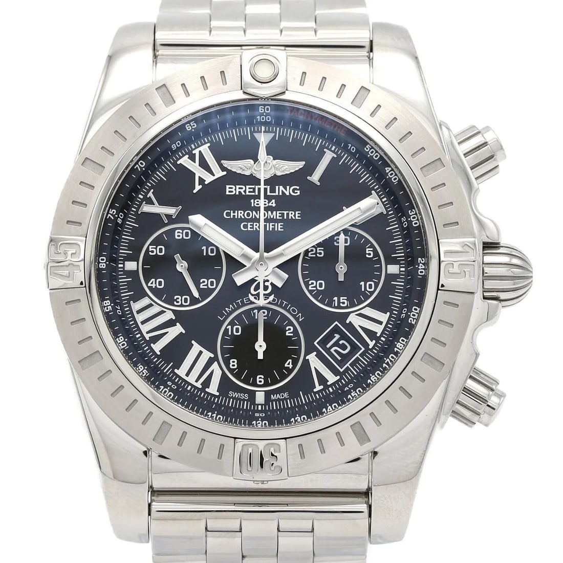BREITLING CHRONOMAT ROMAN WATCH: Breitling Chronomat Roman Watch Brand: BREITLING Type/Style: Wrist watch Material: Case: Stainless Steel Breath: Stainless Steel Color: Dial Color: Black/Roman Size: Case diameter: Approx. 44 mm Max w