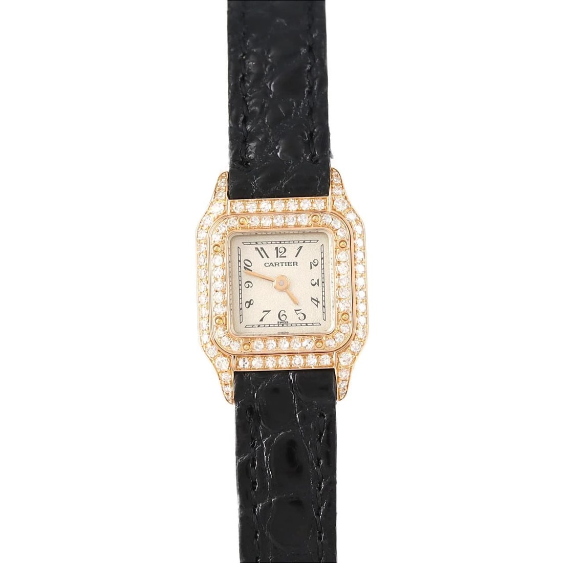 CARTIER MINI PANTHERE QUARTZ WATCH: Cartier Mini Panthere Quartz Watch Brand: CARTIER Type/Style: Wrist watch Material: Case: Pink gold/rose gold Bracelet: Strap Color: Dial Color: Silver/Arabic Band Color: Black Size: Case diameter: