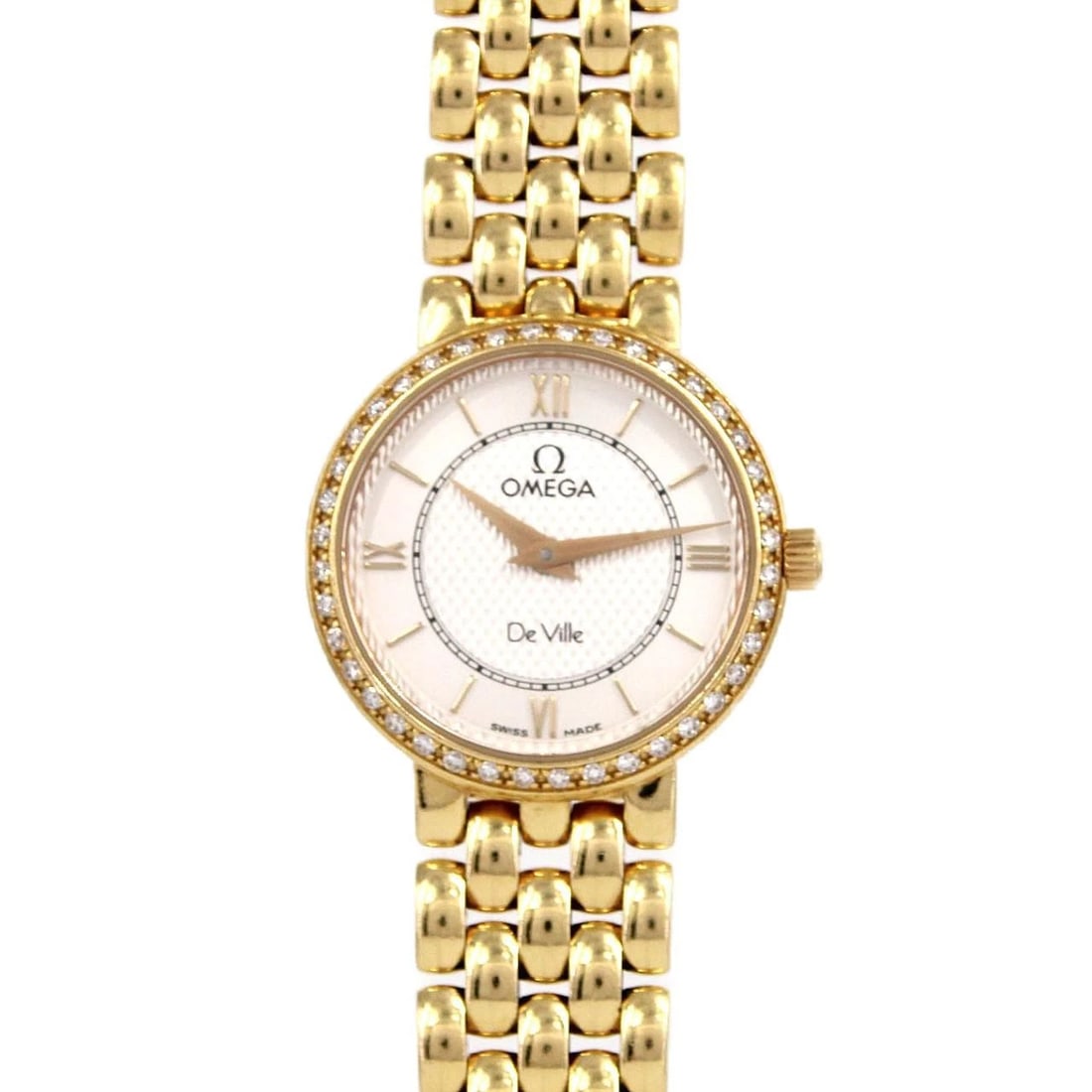OMEGA DE VILLE YG QUARTZ WATCH: Omega De Ville YG Quartz Watch Brand: OMEGA Type/Style: Wrist watch Material: Case: Yellow gold Bracelet: Yellow gold Color: Dial color silver Size: Case diameter approx.: 23.5mm mm Max Wrist