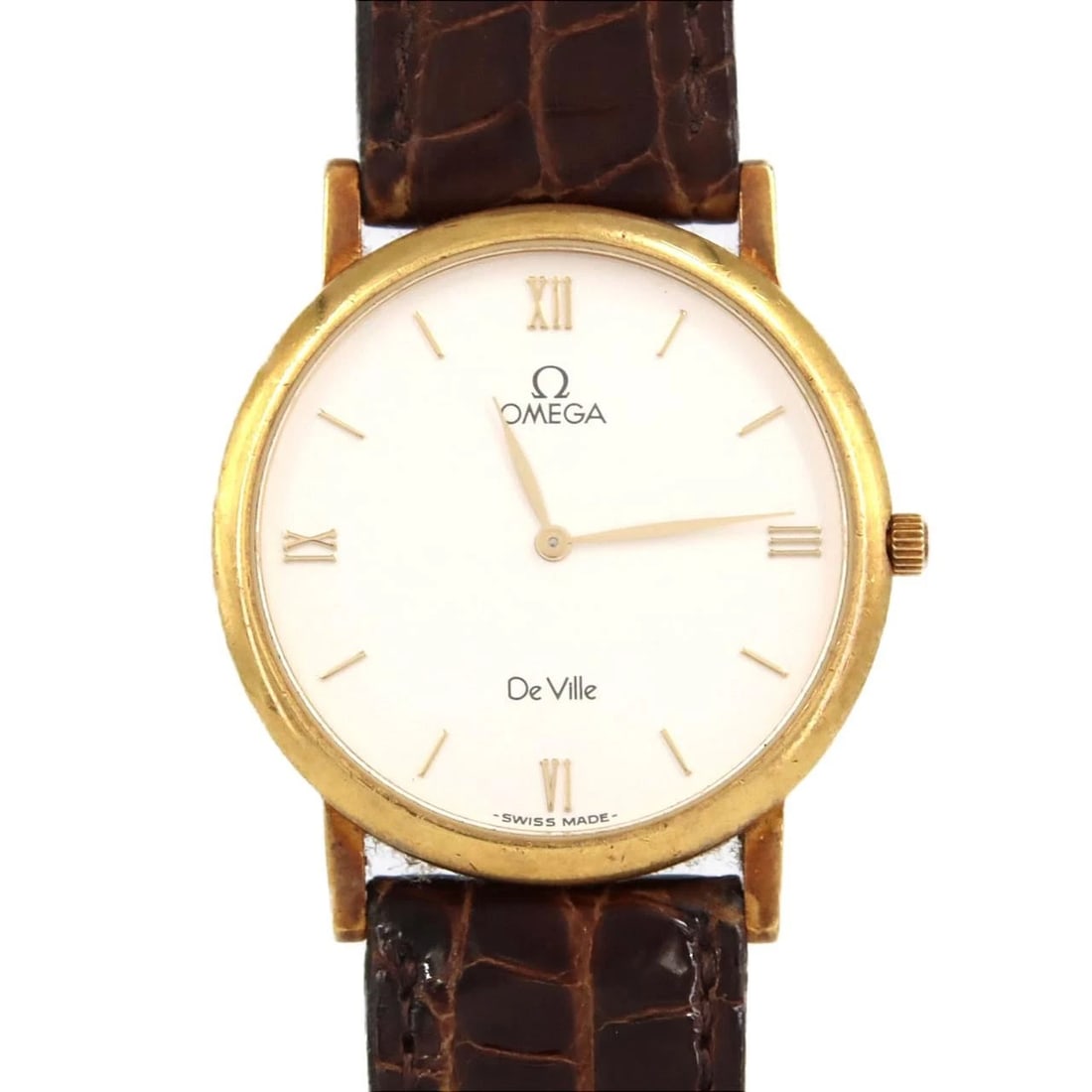 OMEGA DE VILLE YG WATCH: Omega De Ville YG Watch Brand: OMEGA Type/Style: Wrist watch Material: Case: Yellow gold Bracelet: Strap Color: Dial Color: Silver Band Color: Brown Size: Case diameter: Approx. 32 Accessories: None