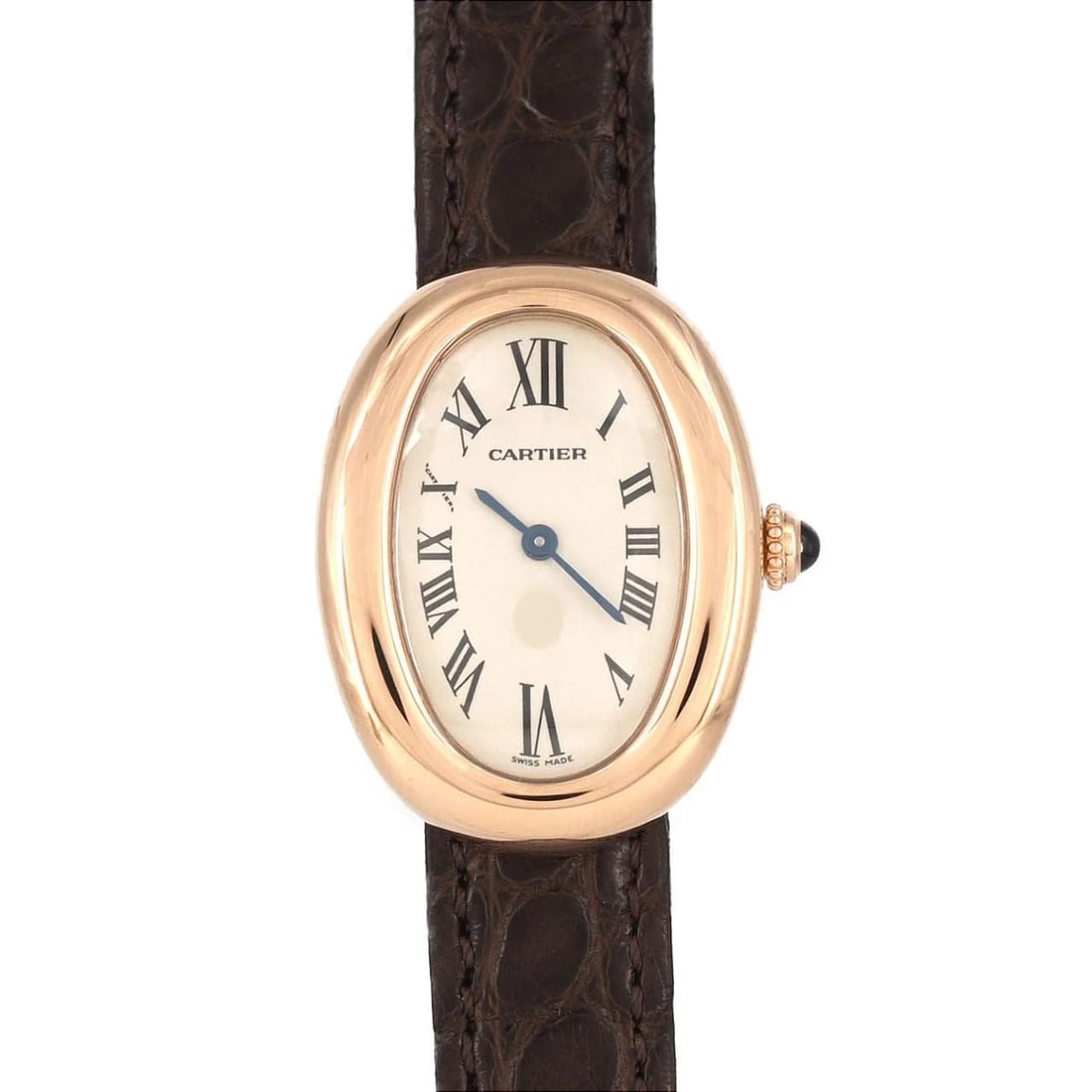 CARTIER BAIGNOIRE PG/RG QUARTZ WATCH: Cartier Baignoire PG/RG Quartz Watch Brand: CARTIER Type/Style: Wrist watch Material: Case: Pink gold/rose gold Bracelet: Strap Color: Dial Color: Silver/Roman Band Color: Brown Size: Case diameter: