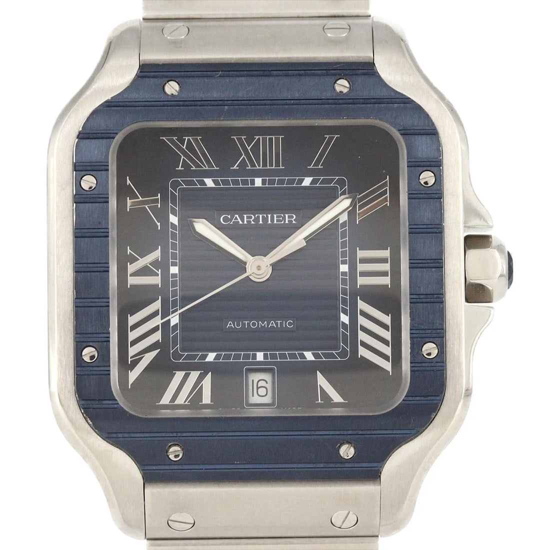 CARTIER SANTOS STAINLESS STEEL MECHANICAL WATCH: Cartier Santos Stainless Steel Mechanical Watch Brand: CARTIER Type/Style: Wrist watch Material: Case: Stainless Steel Breath: Stainless Steel Color: Dial color blue Size: Case diameter: 37.5 x 47 mm