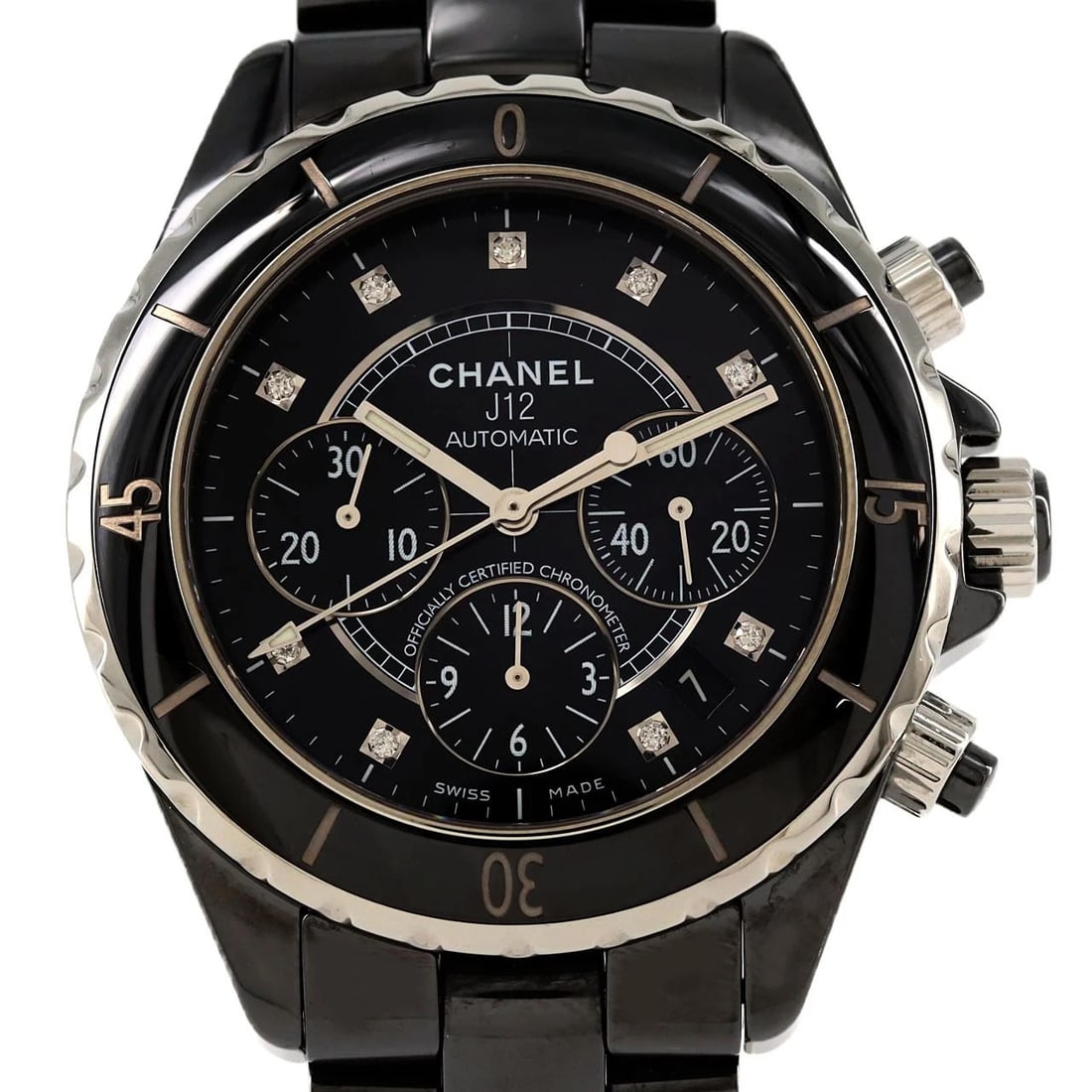 CHANEL J12 CHRONOGRAPH CERAMIC MECHANICAL AUTOMATIC WATCH: Chanel J12 Chronograph Ceramic Mechanical Automatic Watch Brand: CHANEL Type/Style: Wrist watch Material: Case: Ceramic Bracelet: Ceramic Color: Dial Color: Black/Diamond Size: Case diameter: Approx.