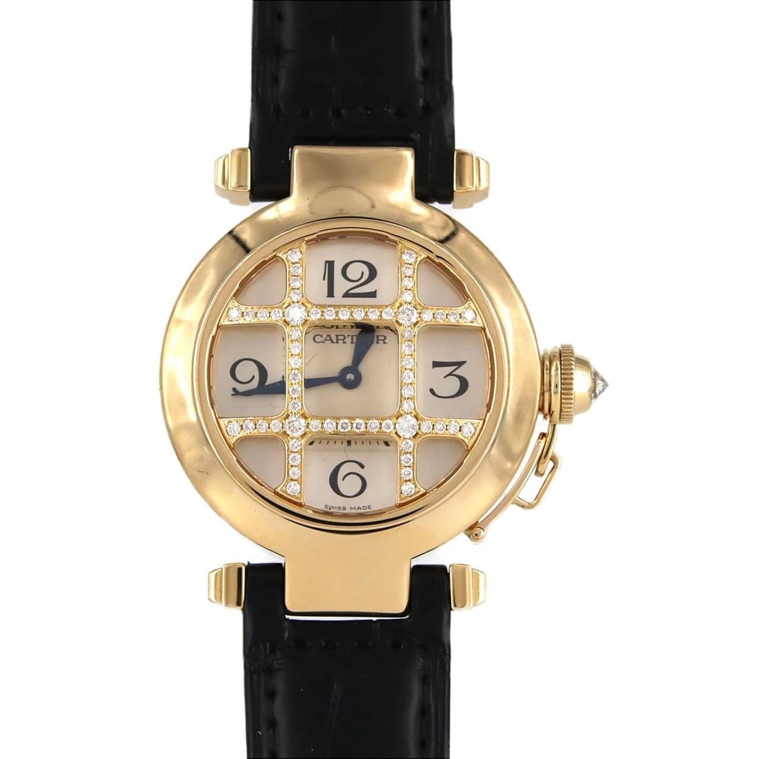 CARTIER PASHA YG QUARTZ WATCH: Cartier Pasha YG Quartz Watch Brand: CARTIER Type/Style: Wrist watch Material: Case: Yellow gold Bracelet: Strap Color: Dial Color: Silver Band Color: Black Size: Case diameter: Approx. 32