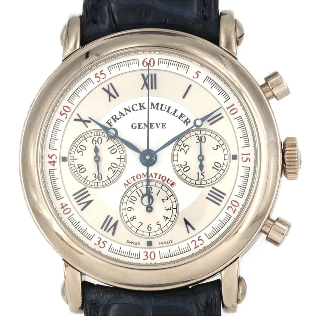 FRANCK MULLER ROUND CHRONOGRAPH WG WATCH: Franck Muller Round Chronograph WG Watch Brand: FRANCK MULLER Type/Style: Wrist watch Material: Case: White gold Bracelet: Strap Color: Dial Color: Silver/Roman Band Color: Blue Size: Case diameter: