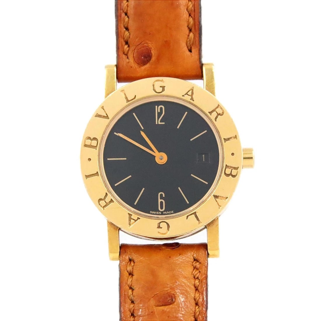 BULGARI YG WATCH: Bulgari YG Watch Brand: BVLGARI Type/Style: Wrist watch Material: Case: Yellow gold Bracelet: Strap Color: Dial Color: Black Band Color: Brown Size: Case diameter: Approx. 26mm Accessories: None