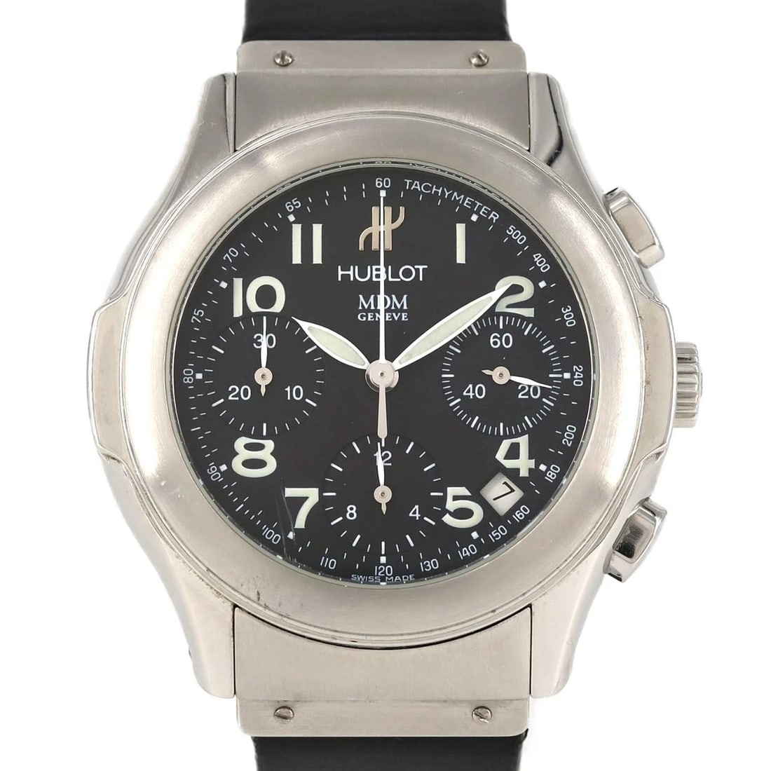 HUBLOT ELEGANT CHRONOGRAPH WATCH: Hublot Elegant Chronograph Watch Brand: HUBLOT Type/Style: Wrist watch Material: Case: Stainless Steel Breath: Rubber Color: Dial Color: Black/Arabic Band Color: Black Size: Case diameter: Approx.
