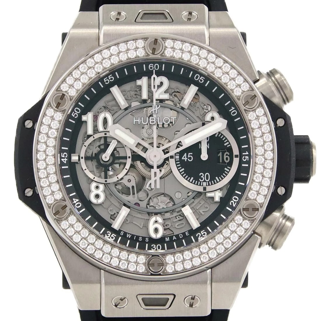 HUBLOT BIG BANG UNICO TITANIUM DIAMOND WATCH: Hublot Big Bang Unico Titanium Diamond Watch Brand: HUBLOT Type/Style: Wrist watch Material: Case: Other Bracelet: Rubber Color: Dial Color: Skeleton Band Color: Black Size: Case diameter: Approx.