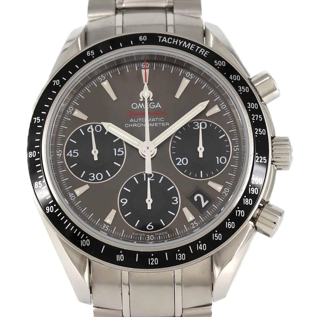 OMEGA SPEEDMASTER DATE STAINLESS STEEL WATCH: Omega Speedmaster Date Stainless Steel Watch Brand: OMEGA Type/Style: Wrist watch Material: Case: Stainless Steel Breath: Stainless Steel Color: Dial color grey black Size: Case diameter: Approx. 40