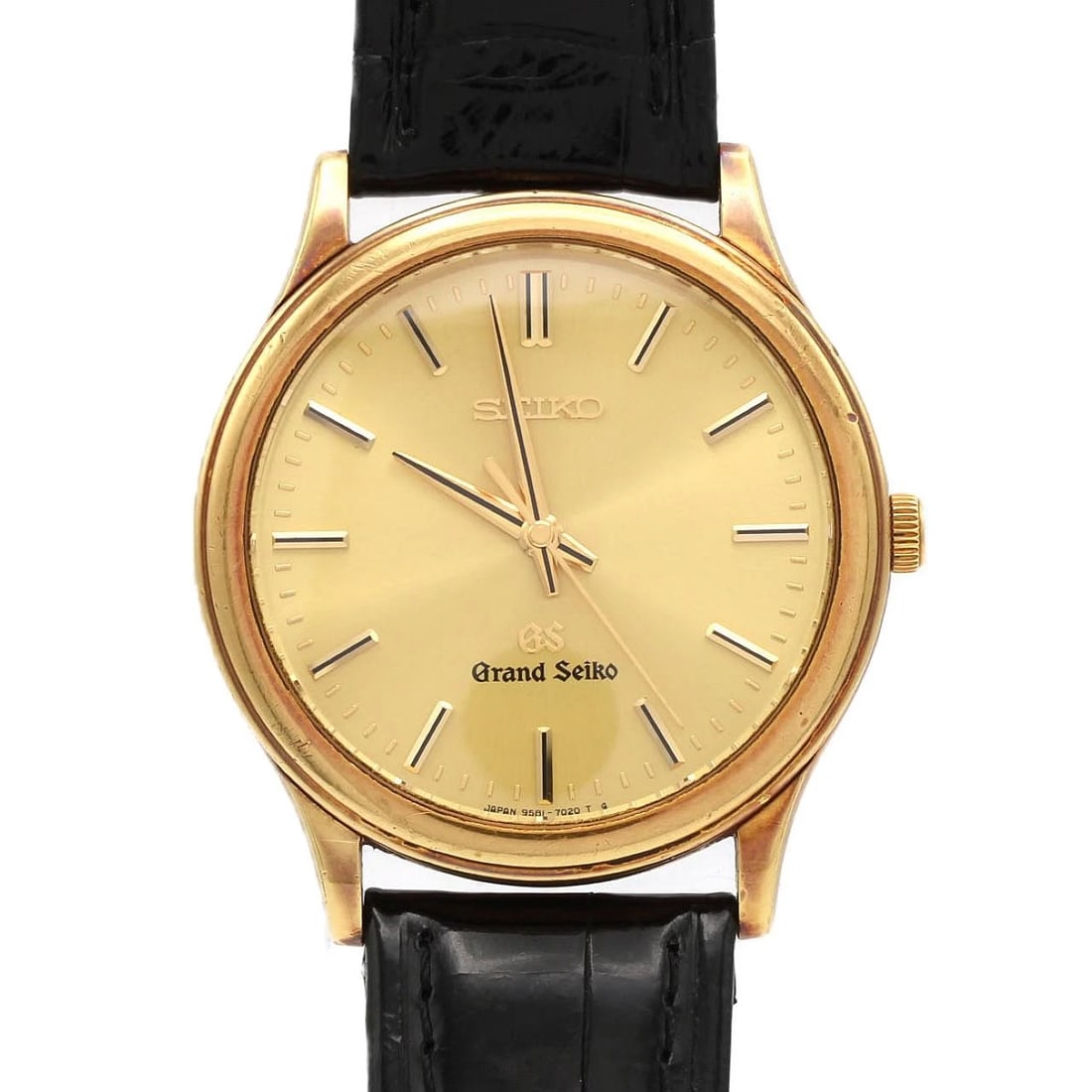 SEIKO GRAND QUARTZ YG WATCH: Seiko Grand Quartz YG Watch Brand: SEIKO Type/Style: Wrist watch Material: Case: Yellow gold Bracelet: Strap Color: Dial Color: Gold Band Color: Black Size: Case diameter: Approx. 34mm Accessories: