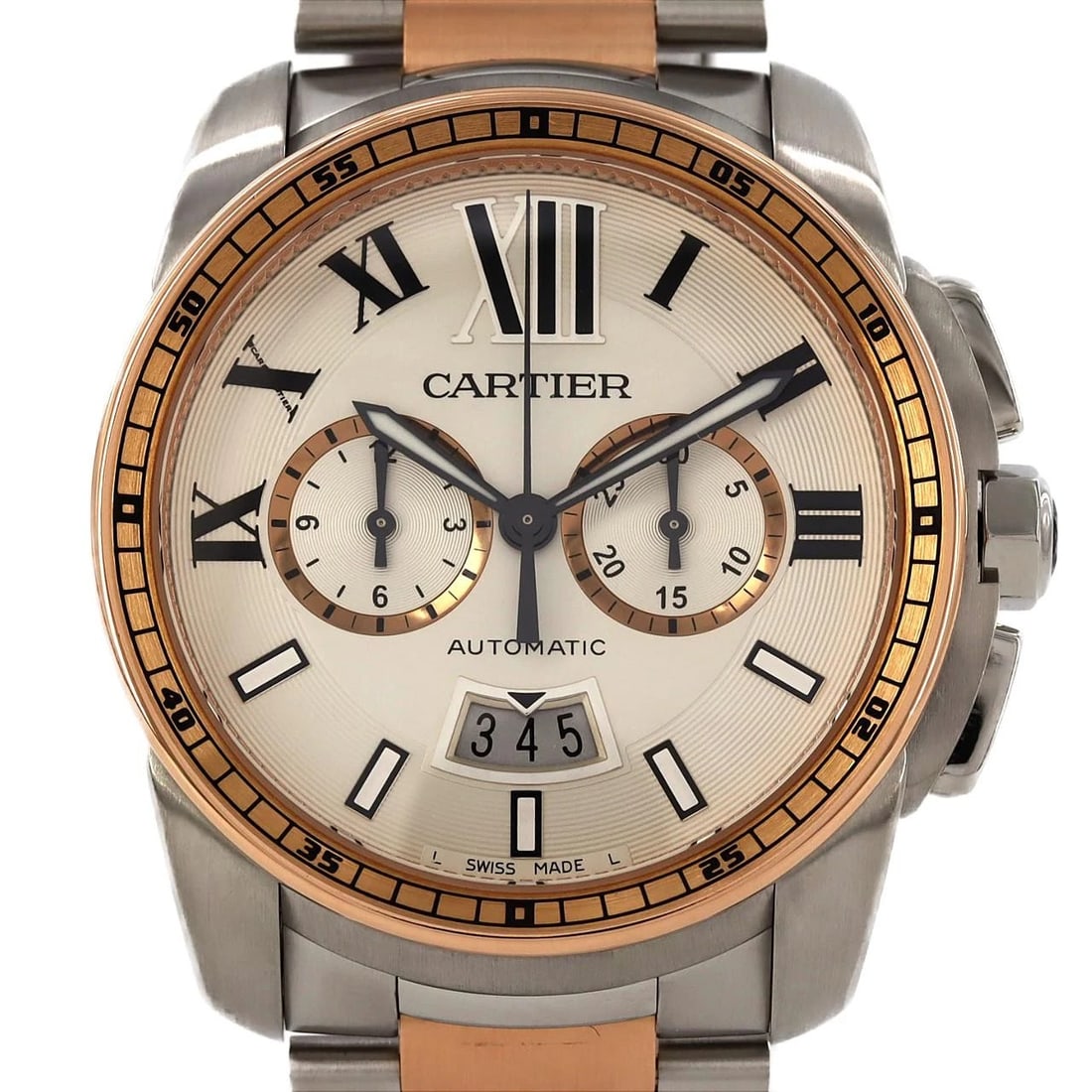 CARTIER CALIBRE CHRONOGRAPH SSXPG WATCH: Cartier Calibre Chronograph SSxPG Watch Brand: CARTIER Type/Style: Wrist watch Material: Case: Stainless steel x pink gold Bracelet: Stainless steel x pink gold Color: Dial color silver Size: Case