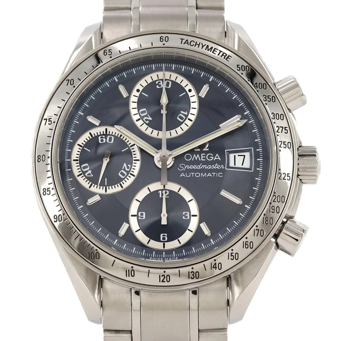 OMEGA SPEEDMASTER DATE SS AUTOMATIC WATCH: OMEGA Speedmaster Date SS Automatic Watch Brand: OMEGA Type/Style: Wristwatch Material: Case: SST Bracelet: SST Color: Dial color gray Size: Case diameter: 39mm Max Wrist size: 17.5cm Accessories: