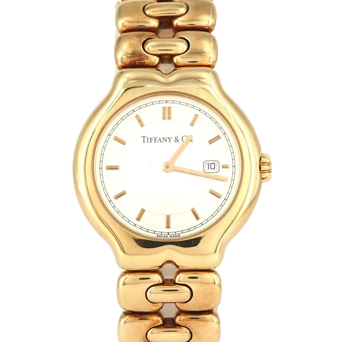 TIFFANY&CO YG QUARTZ WATCH: TIFFANY&Co YG Quartz Watch Brand: TIFFANY&Co. Type/Style: Wrist watch Material: Case: Yellow gold Bracelet: Yellow gold Color: Dial color white Size: Case diameter: Approx. 33 mm Max wrist