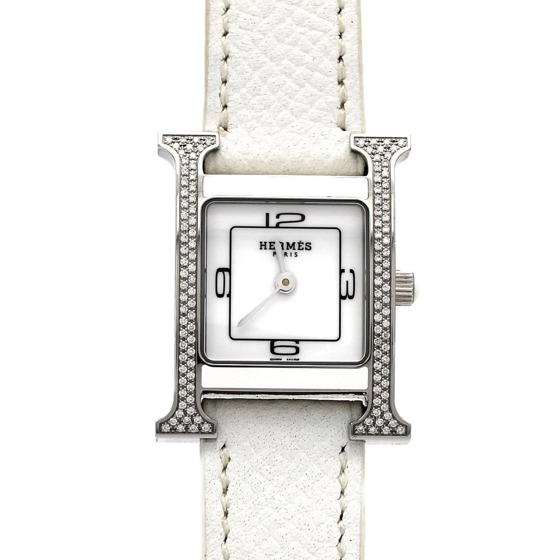 HERMES WATCH STAINLESS STEEL QUARTZ WATCH: Hermes Watch Stainless Steel Quartz Watch Brand: HERMES Type/Style: Wrist watch Material: Case: Stainless Steel Bracelet: Strap Color: Dial Color: White Band Color: White Size: Case diameter: 21x30
