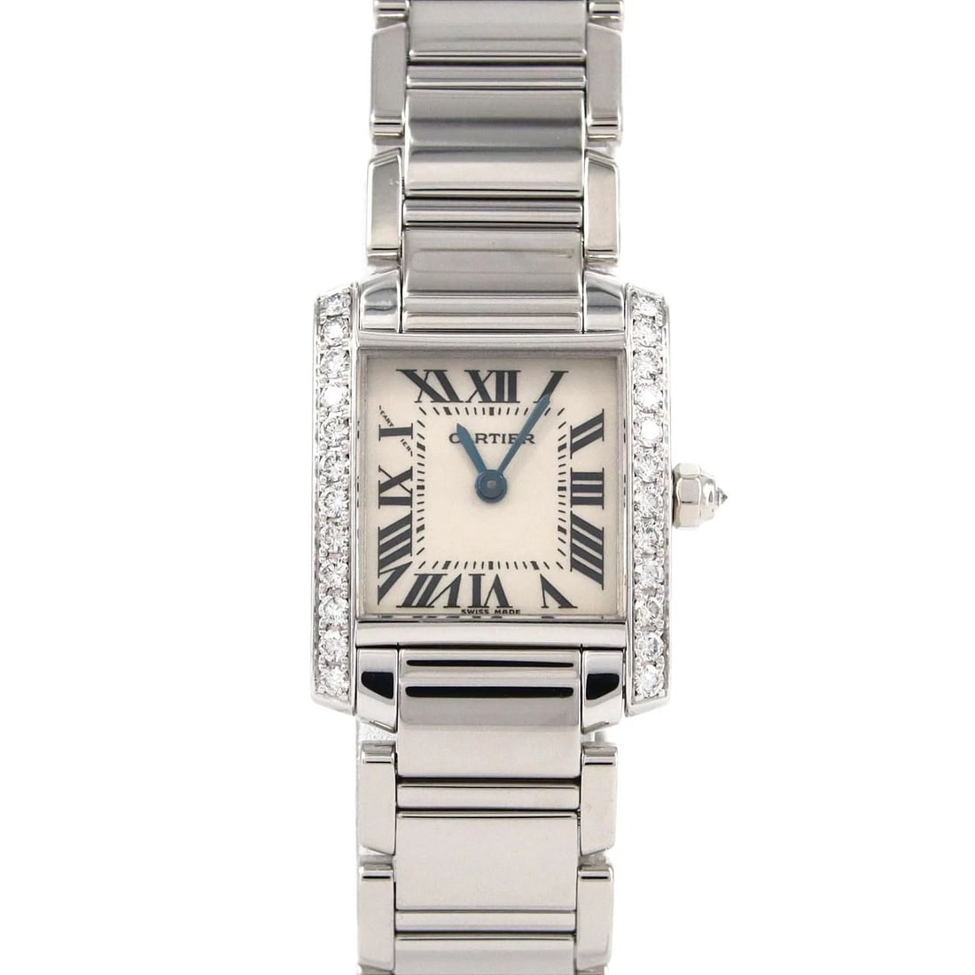 CARTIER TANK WHITE GOLD DIAMOND WATCH: Cartier Tank White Gold Diamond Watch Brand: CARTIER Type/Style: Wrist watch Material: Case: White gold Bracelet: White gold Color: Dial color silver Size: Case diameter: 20x25mm Max wrist