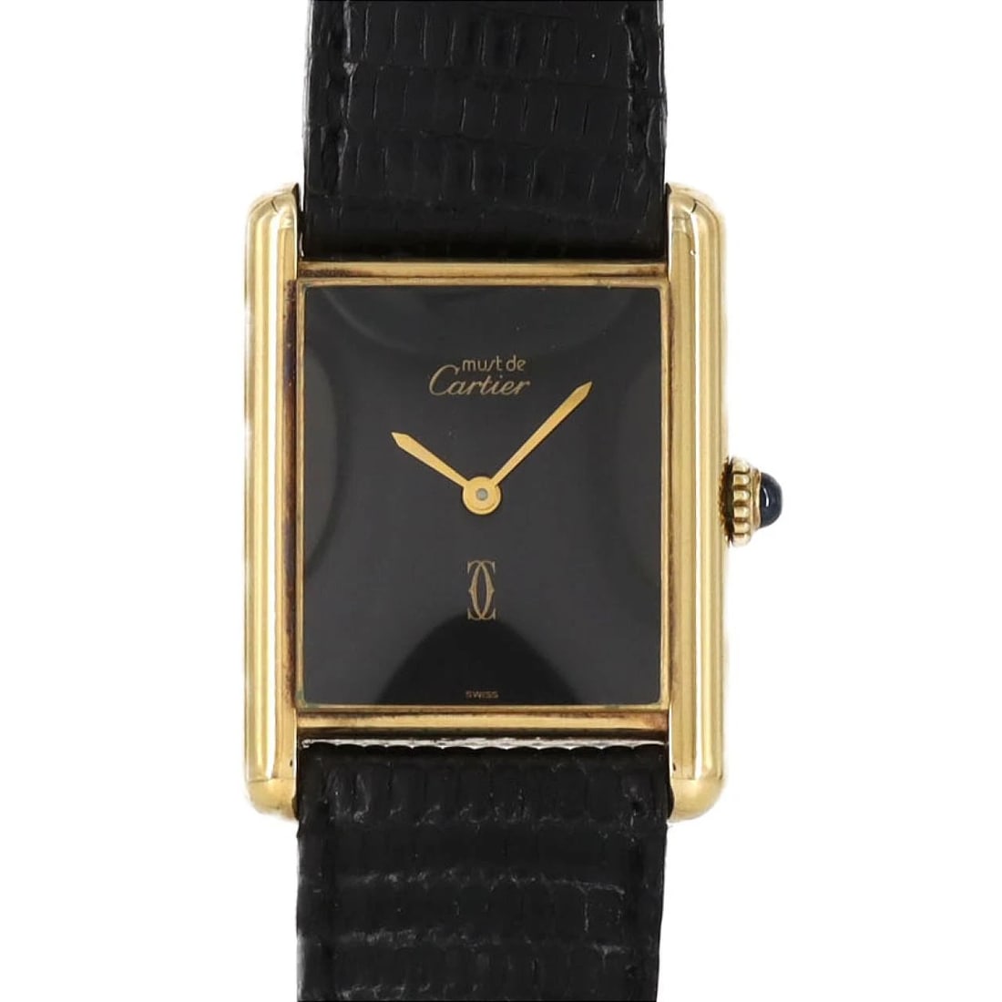 CARTIER MUST TANK LM GOLD PLATED WATCH: Cartier Must Tank LM Gold Plated Watch Brand: CARTIER Type/Style: Wrist watch Material: Case: Gold plated Bracelet: Strap Color: Dial Color: Black Band Color: Black Size: Case diameter: 23.5 x 31